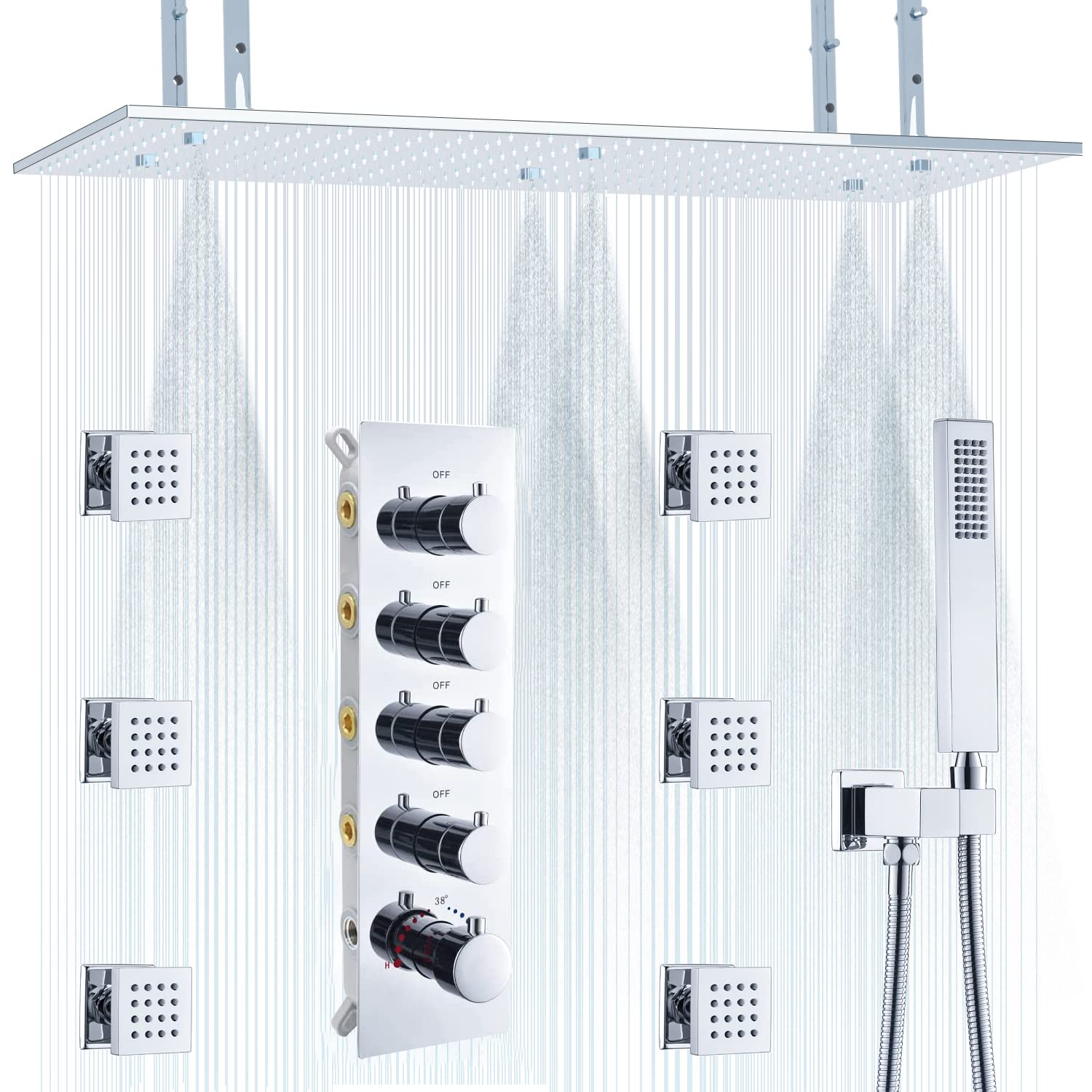 Delnet Luxury Shower System Thermostatic 20x40 Inch Rain Mist Shower System with Body Jets Concealed Chrome Shower Mixer Set