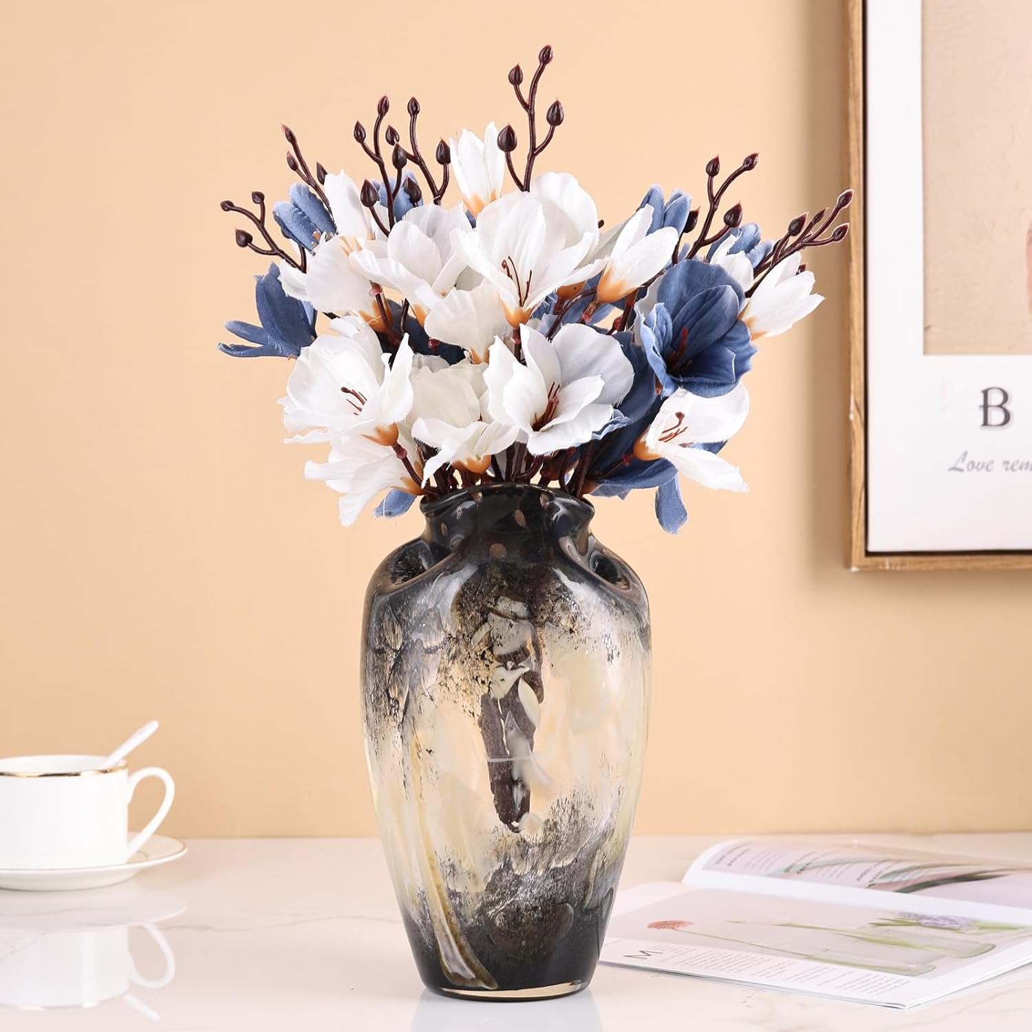Hand Blown Smoke Glass Vase,Black Amber Vases Home Decor,Vintage Gray Glass Vase, Round Bubble Art for Flowers,Farmhouse Vases for Table Decor and Modern Home Unique Abstract Design (L)
