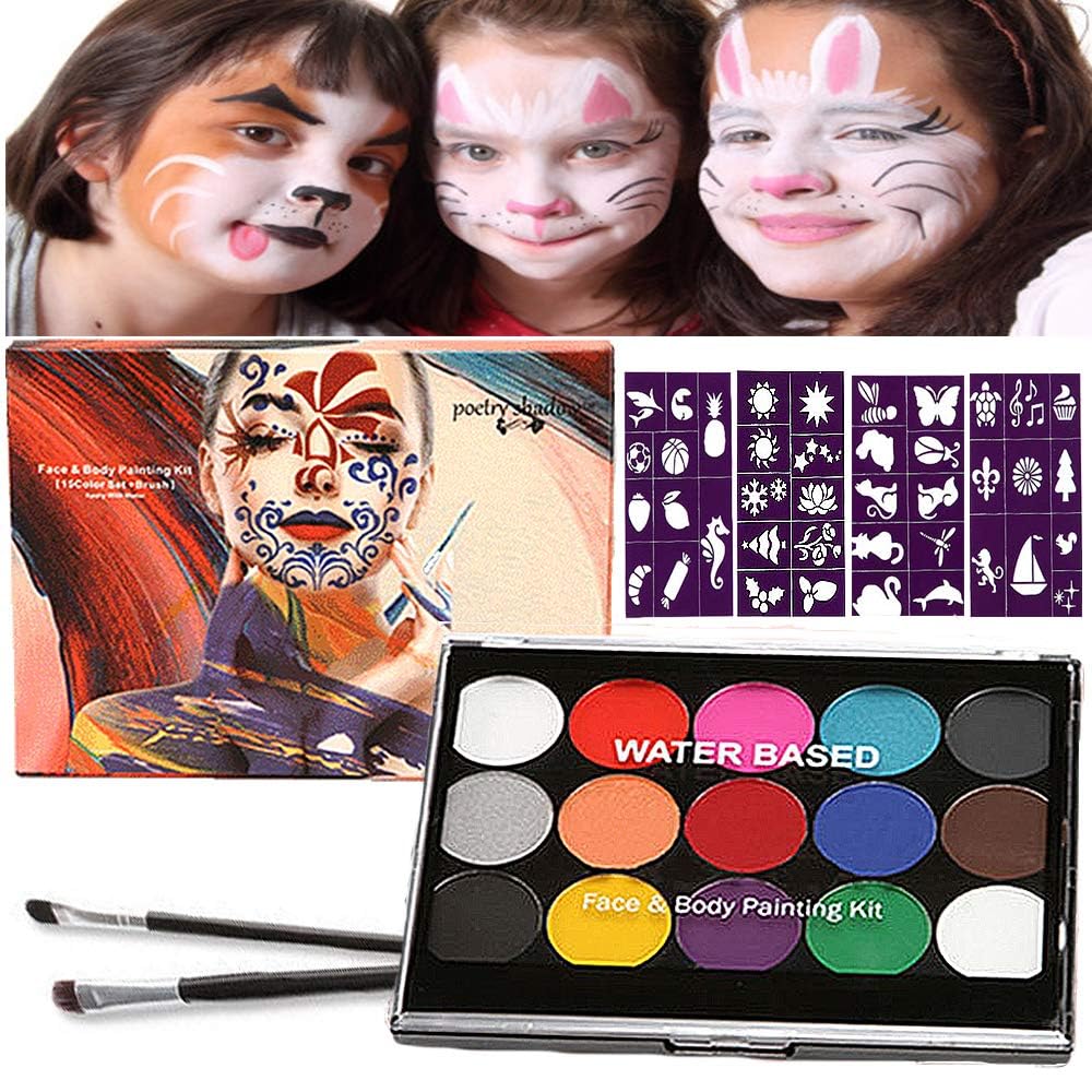 Halloween Kinderschminke-Set — 15 Farben Palette mit 2 Pinseln & 40 Tattoo-Vorlagen