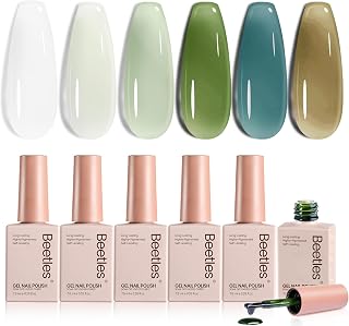 Beetles Forest Veil Jelly Green Gel Nail Polish Set - 6 Colors Spring Gel Polish Kit Milky White Olive Sage Green Deep Teal Warm Khaki Sheer Translucent Effect Soak Off UV DIY Manicure Gift for Women