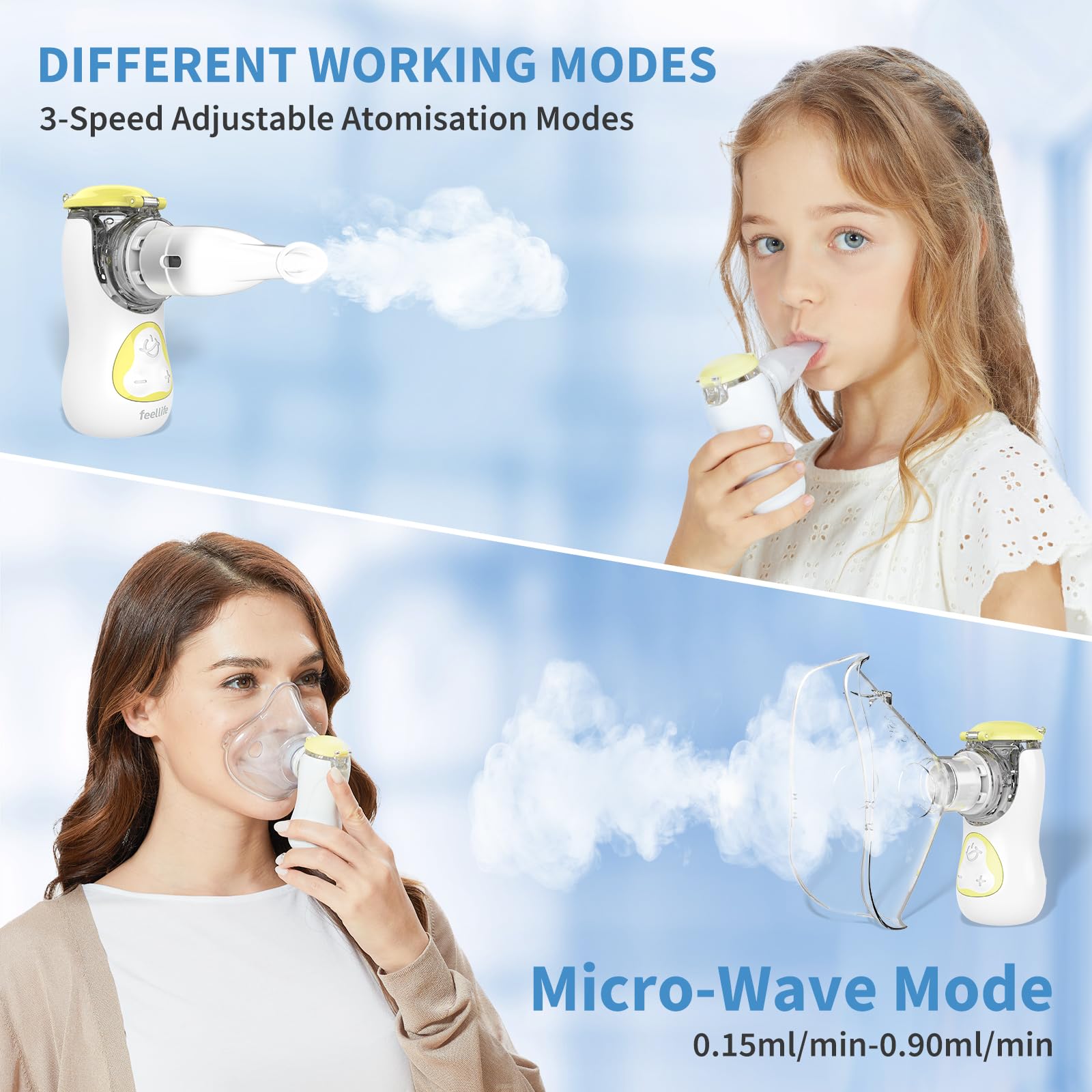 FEELLIFE Nebulizador Portatil para Bebe y Adultos, Nebulizador Silencioso Tasa de Atomización Ajustable, Inhalador Recargable para El Tratamiento de Tos, Asma, Enfermedades Respiratorias-Amarillo