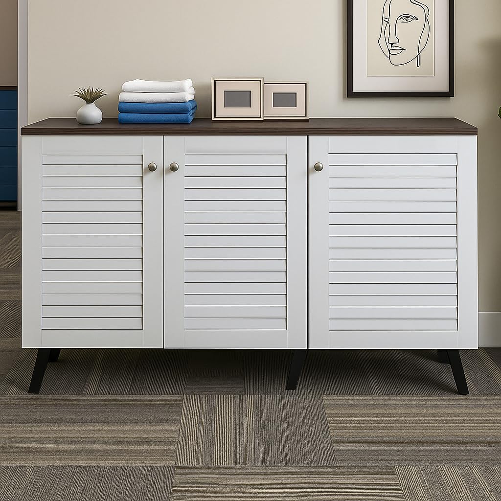 Mevigo Wooden Shoe Rack Cabinet for Entryway – Modern 3 Door 6-Tier Storage Organizer, Wooden Cupboard for Home, Space Saving Shoe Rack Wallnut Shoes Storage Cabinet -White-VA1