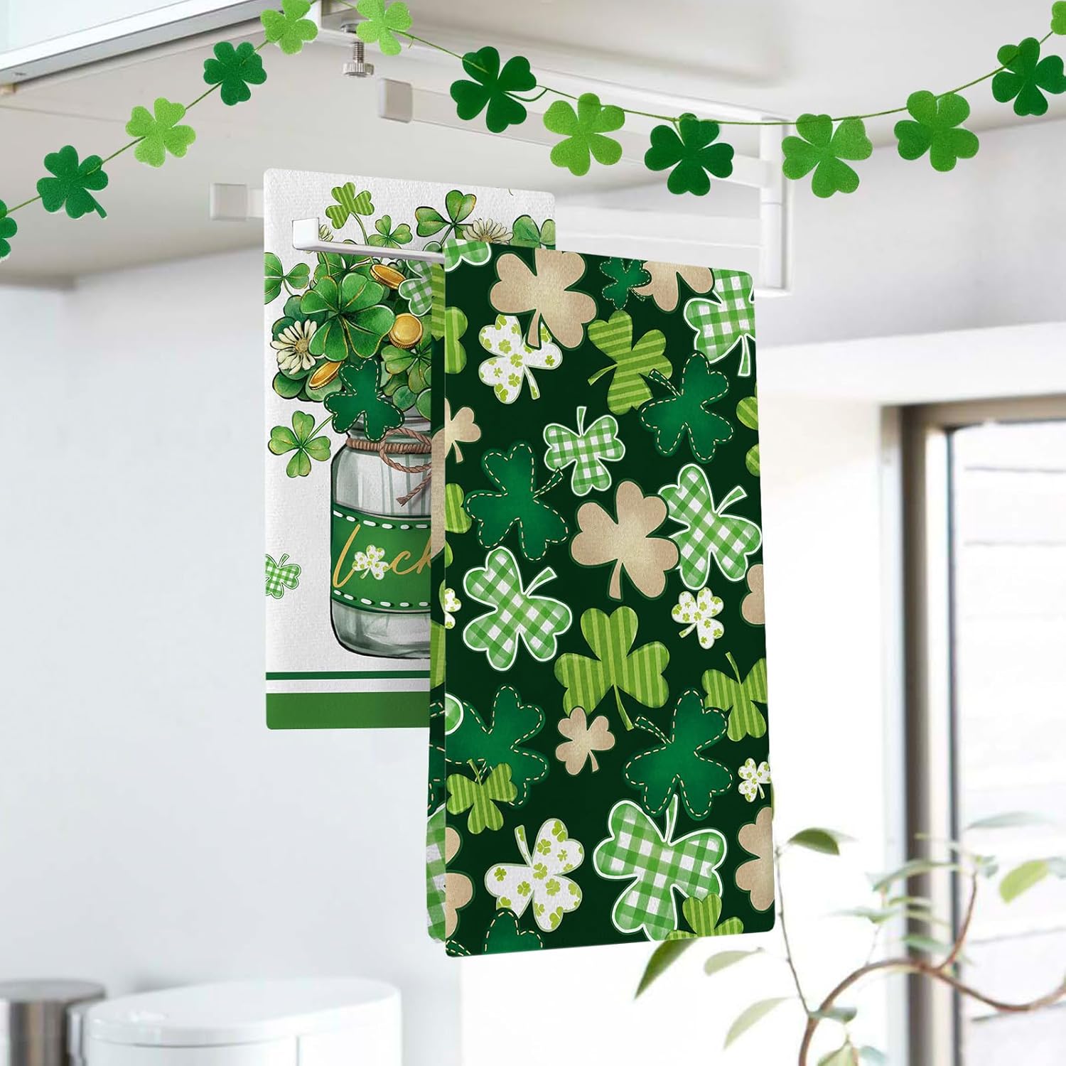 聖パトリックデー キッチンディッシュタオル 2枚セット ラッキー シャムロック クローバー フローラル メイソンジャー 乾燥 ハンド