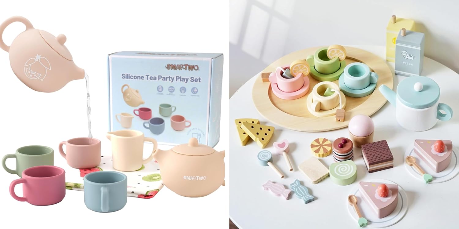 Silicone Tea Set & Wooden Tea Party Set for Little Girls