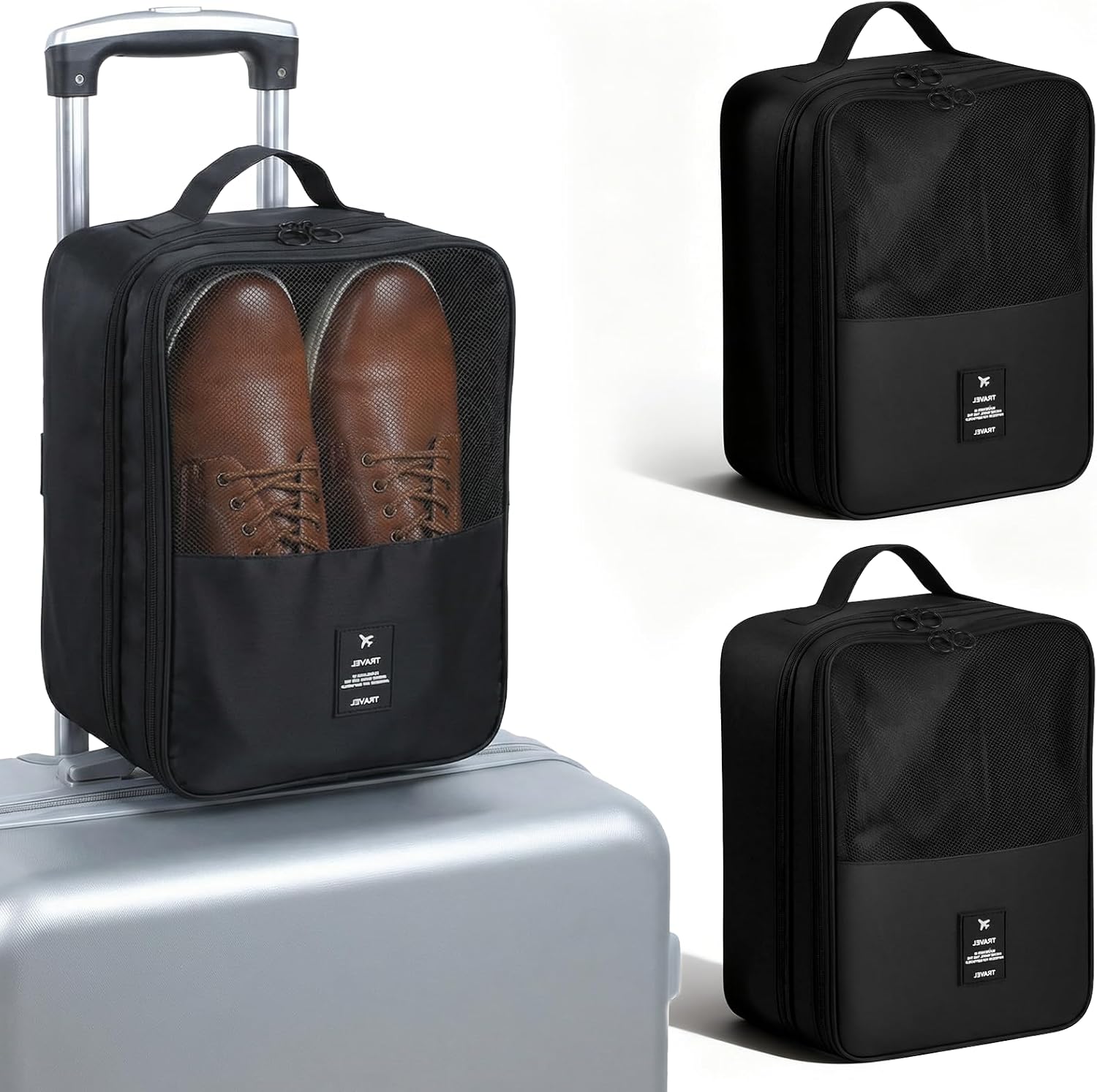 2 PCS Shoe Travel Bag, Shoes Bag Portable Shoe Packing Cubes 2 Layers Holds 3 Pair of Shoes Visual Waterproof Travel Luggage with Trolley Sleeve and Zipper for Business Trip Storage-Black - Image 7