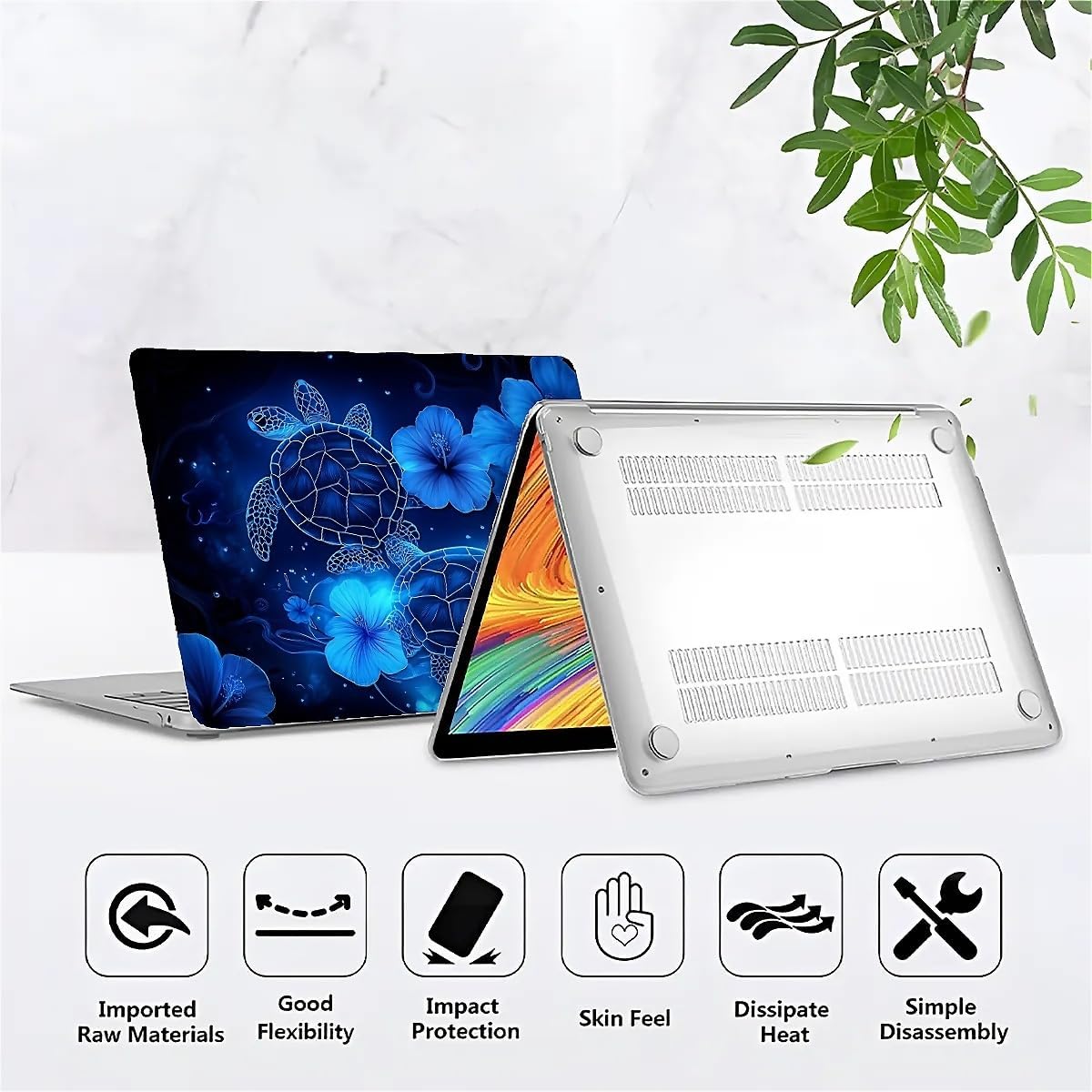 Compatible with MacBook Air 13.6 inch Case 2022 2025 Release A2681 A3240, Plastic Hard Shell Case for Mac Air 13.6 (2022 2025) - Blue Tortoise Flowers