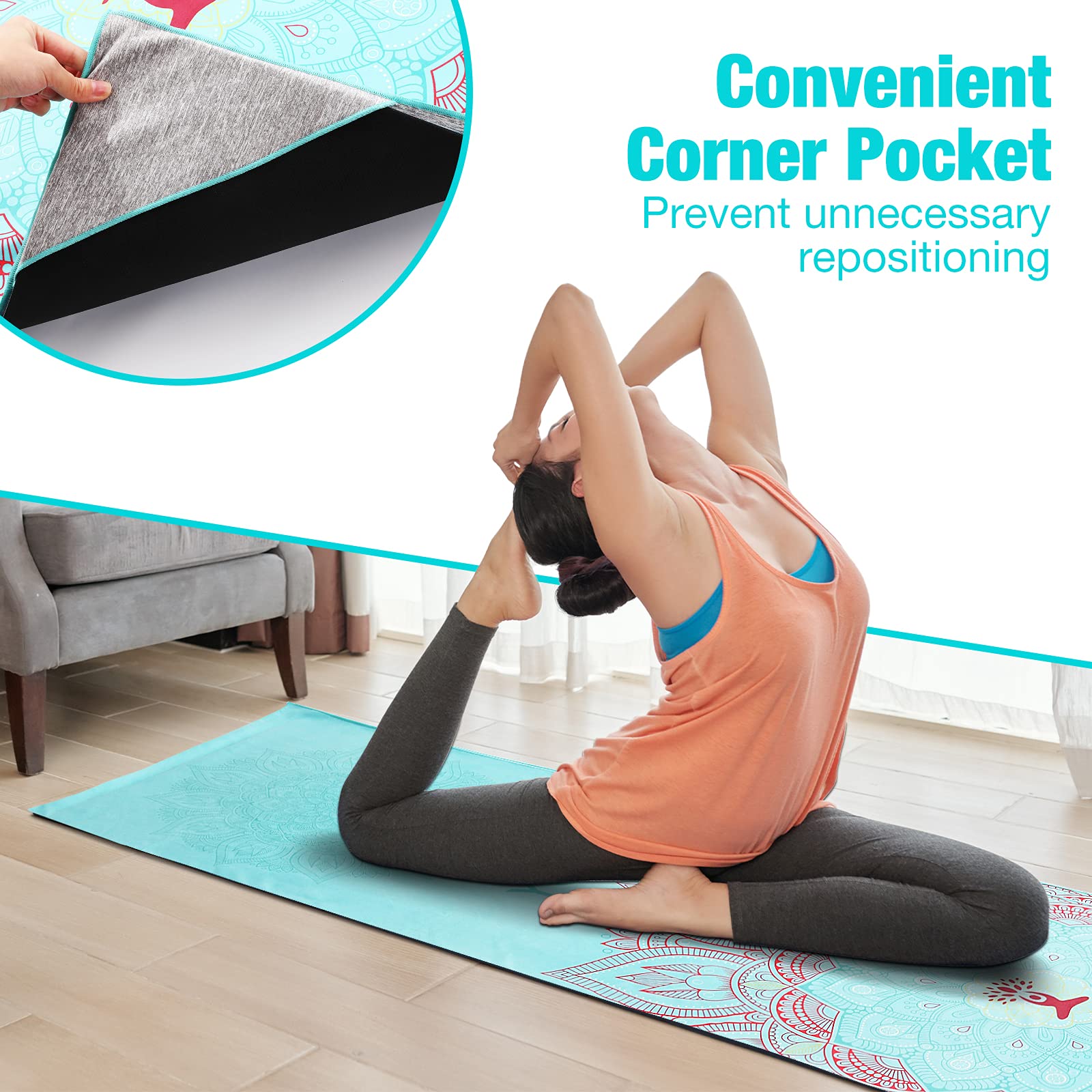 MoKo Serviette de Yoga, Tapis de Yoga Antidérapant et à Séchage Rapide avec Coins de Fixation, Couverture de Yoga Souple avec Motif d'impression pour Différents Exercices de Yoga