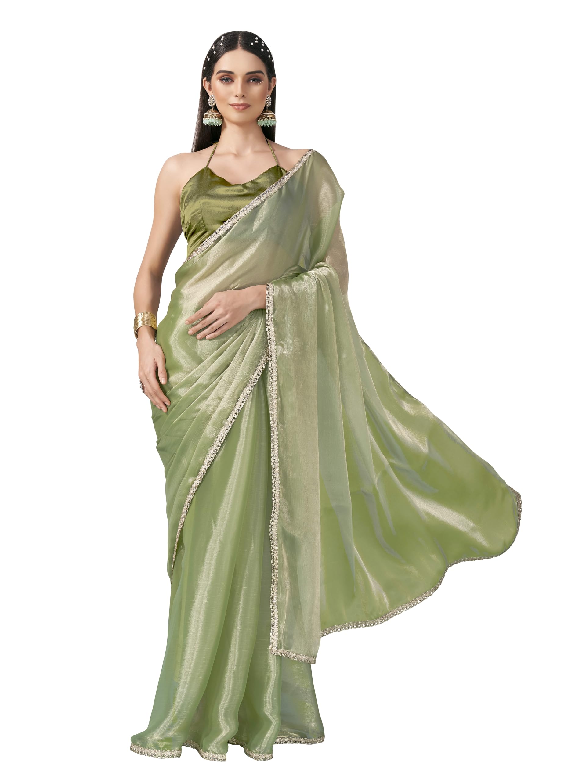 Womanista Women's Jimmychoo Solid Green Saree Embellished Lace With Un-Stitched Blouse