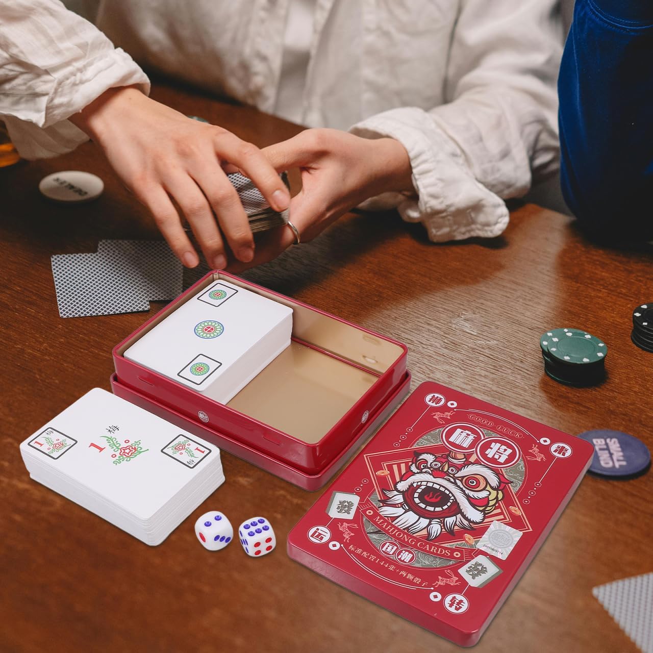 TOYANDONA Mahjong Card Game Chinese Mahjong Cards Set 144pcs Chinese Traditional Mahjong Playing Cards with Dices and Tin Box Small Pocker Mahjong Card for Travel Camping