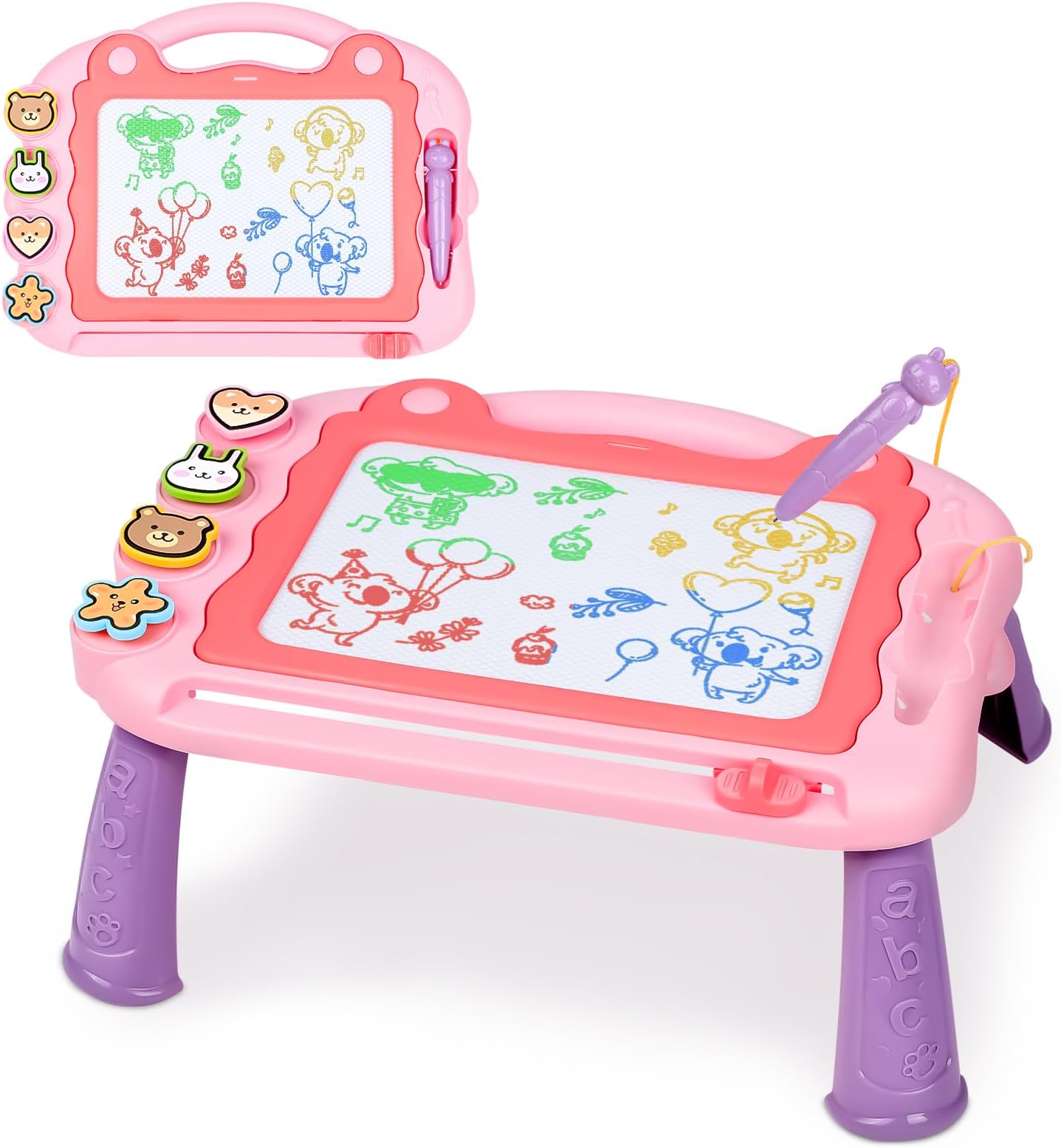 Magnetic Drawing Board, 30×23cm 4 Colors Doodle Scribble Board Erasable Sketch Writing Pad with 4 Stamps & Removable Legs Educational Toy for 2 3 4 5 6 Year Old Boys Girls Kids Toddlers, Pink