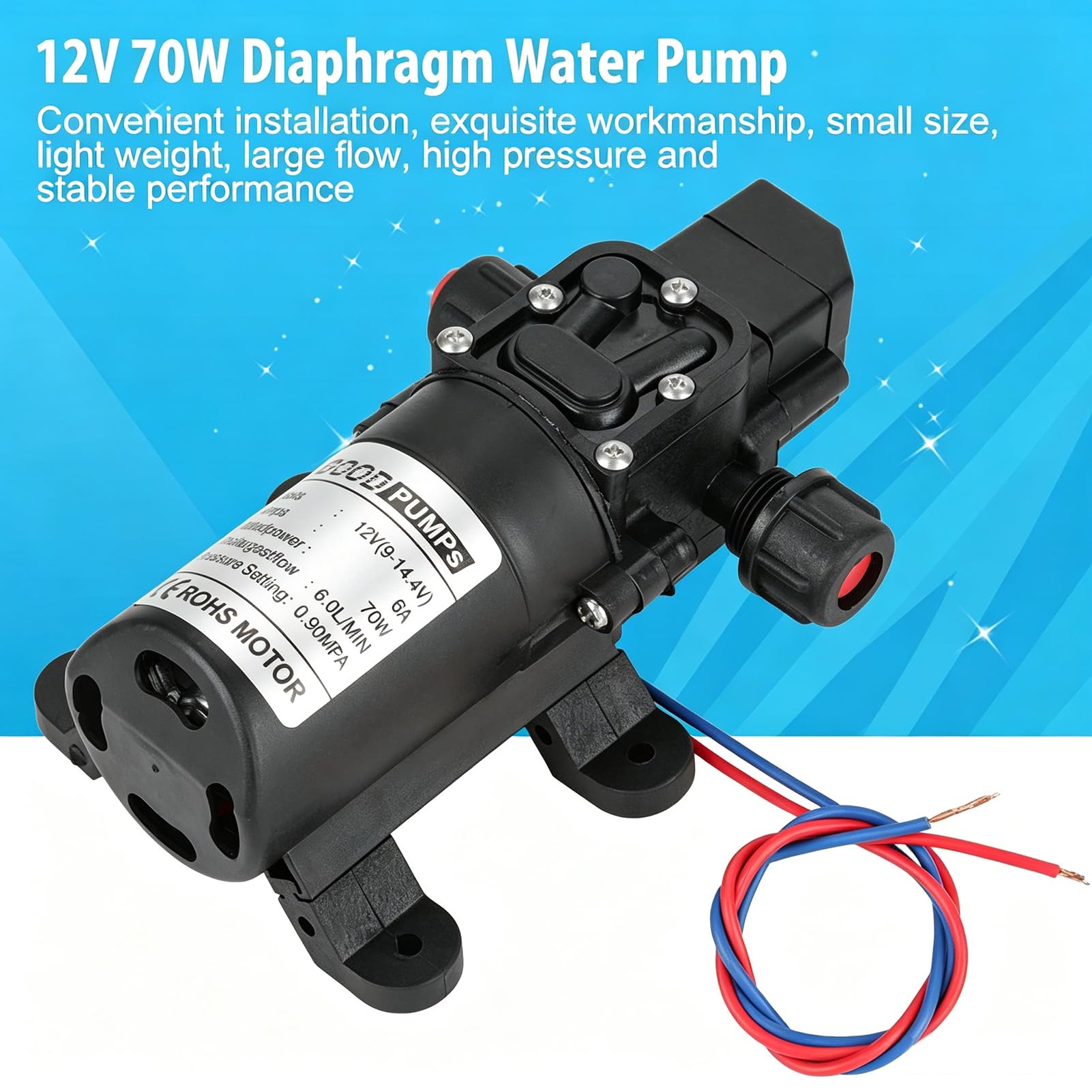 Pompe À Membrane 12V, Pompes À Eau Membrane Haute Pression DC12V 70W Pompe Pulvérisatrice Électrique Auto-Amorçante 6L/Min 0.9Mpa 131Psi, pour Caravane Camping-Car Marin Jardin de Bateaux