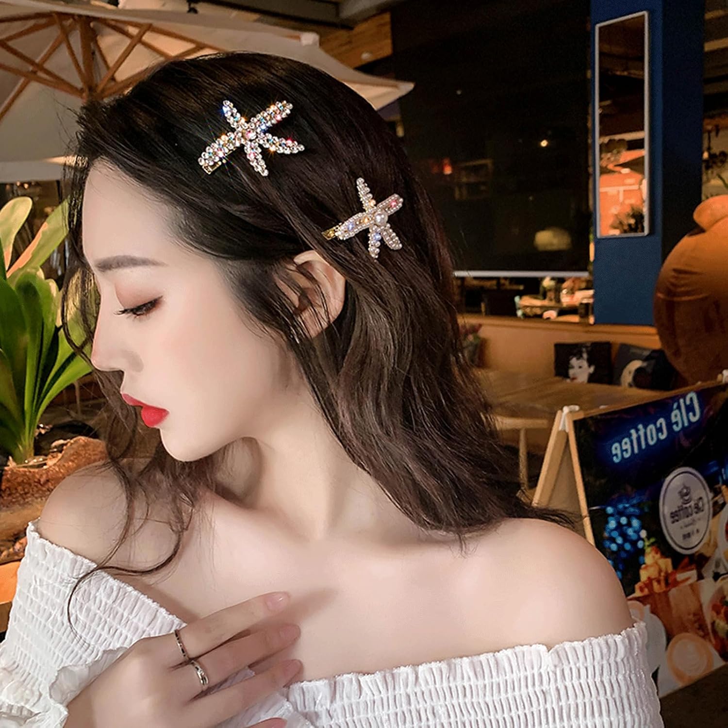 4PCS Starfish Hair Clips for Women, Rhinestone Pearls, Elegant Sea Star Snap Hair Clips, Crystal Ponytail Holders, Large Decorative Hair Barrettes Wedding Accessories for Women Bride image 3