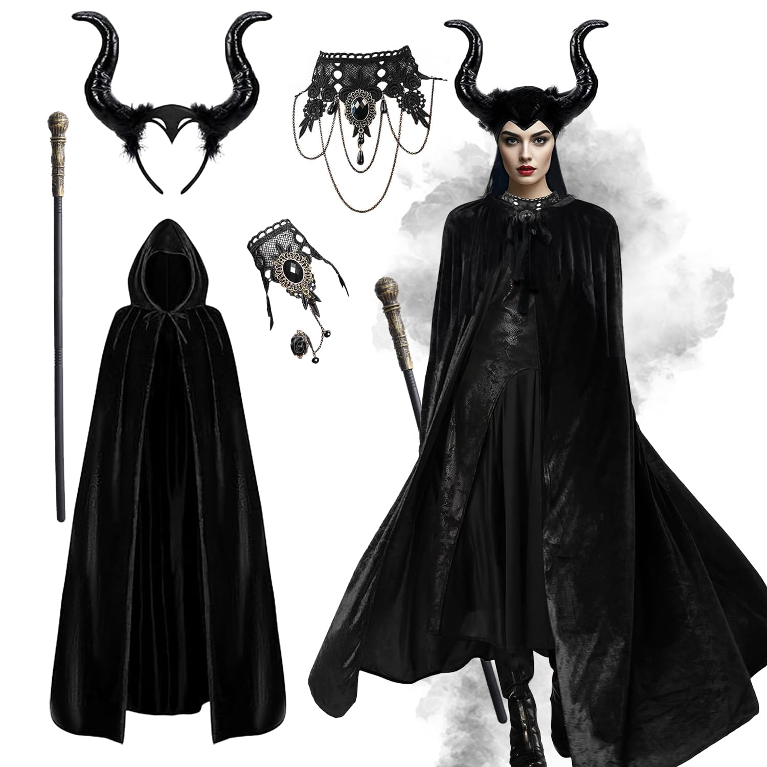 LXWINNER Disfraz Malefica Mujer, Halloween Capa Negra Mujer, Halloween Cuernos de Demonio, Collar Pulsera de Encaje Gótico para Carnaval Fiesta Cosplay Accesorio Disfraces Adulto
