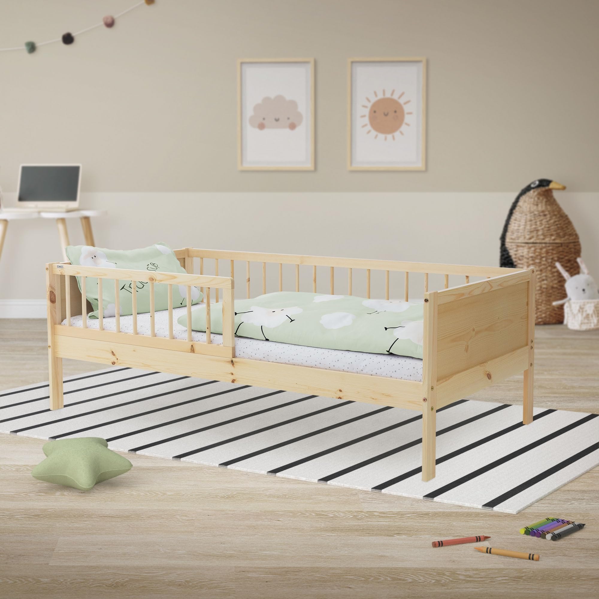 ML-Design Lózko dzieciece 80x160 cm naturalne pojedyncze z rama listewkowa i barierka ochronna wykonane z drewna sosnowego drewniane dla chlopców i dziewczynek z litego drewna idealne dla malucha