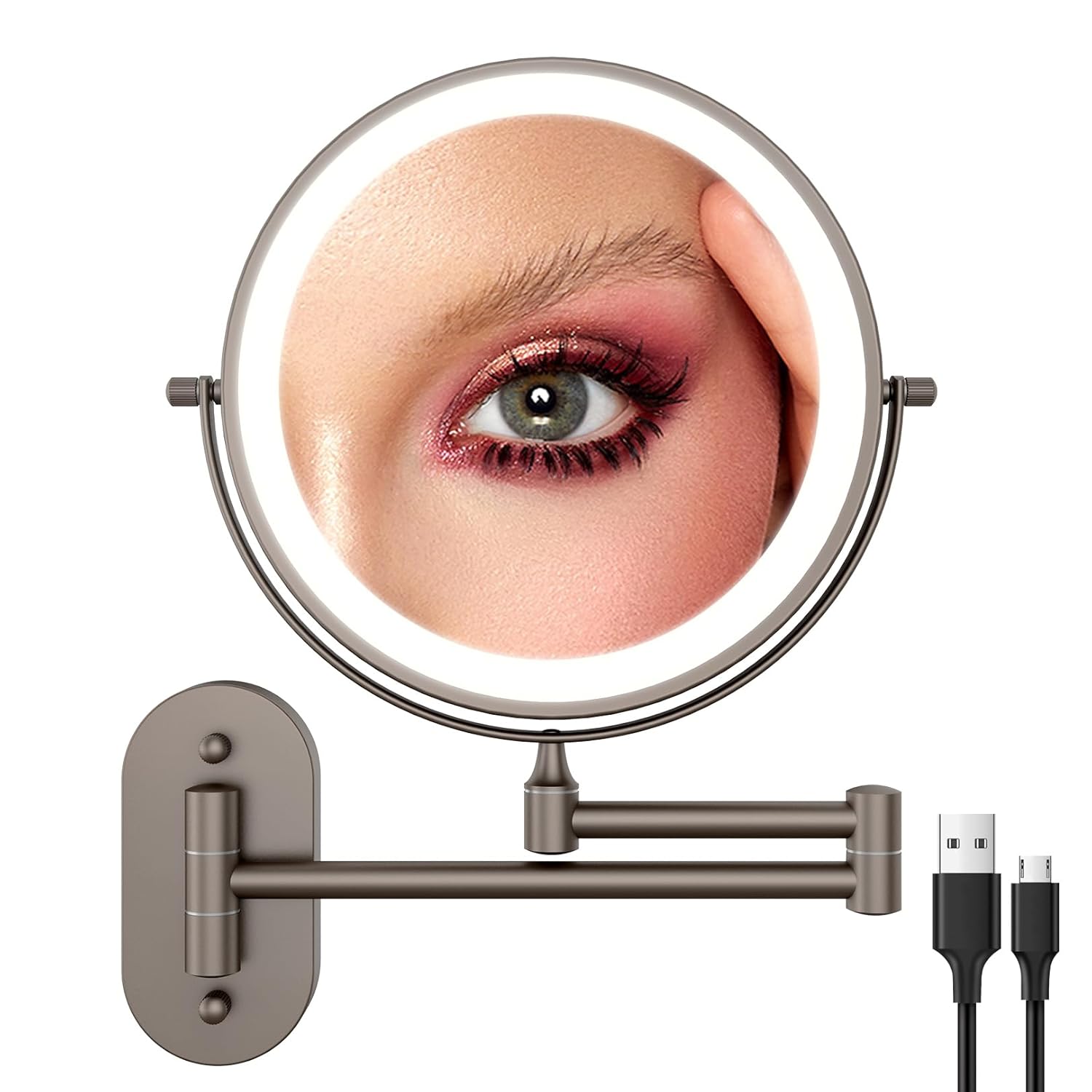 FASCINATE Rechargeable Wall Mounted Lighted Vanity Mirror 8 Inch 1X/10X Magnifying Makeup Mirror with 3 Color Lights, Double Sided Dimmable, 360 Degree Screen Touch,Bathroom Shaving Mirror (GunBlack)