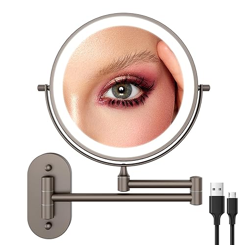 FASCINATE Espejo de tocador iluminado recargable para montaje en la pared de 8 pulgadas, espejo de maquillaje con aumento 1X10X con 3 luces de