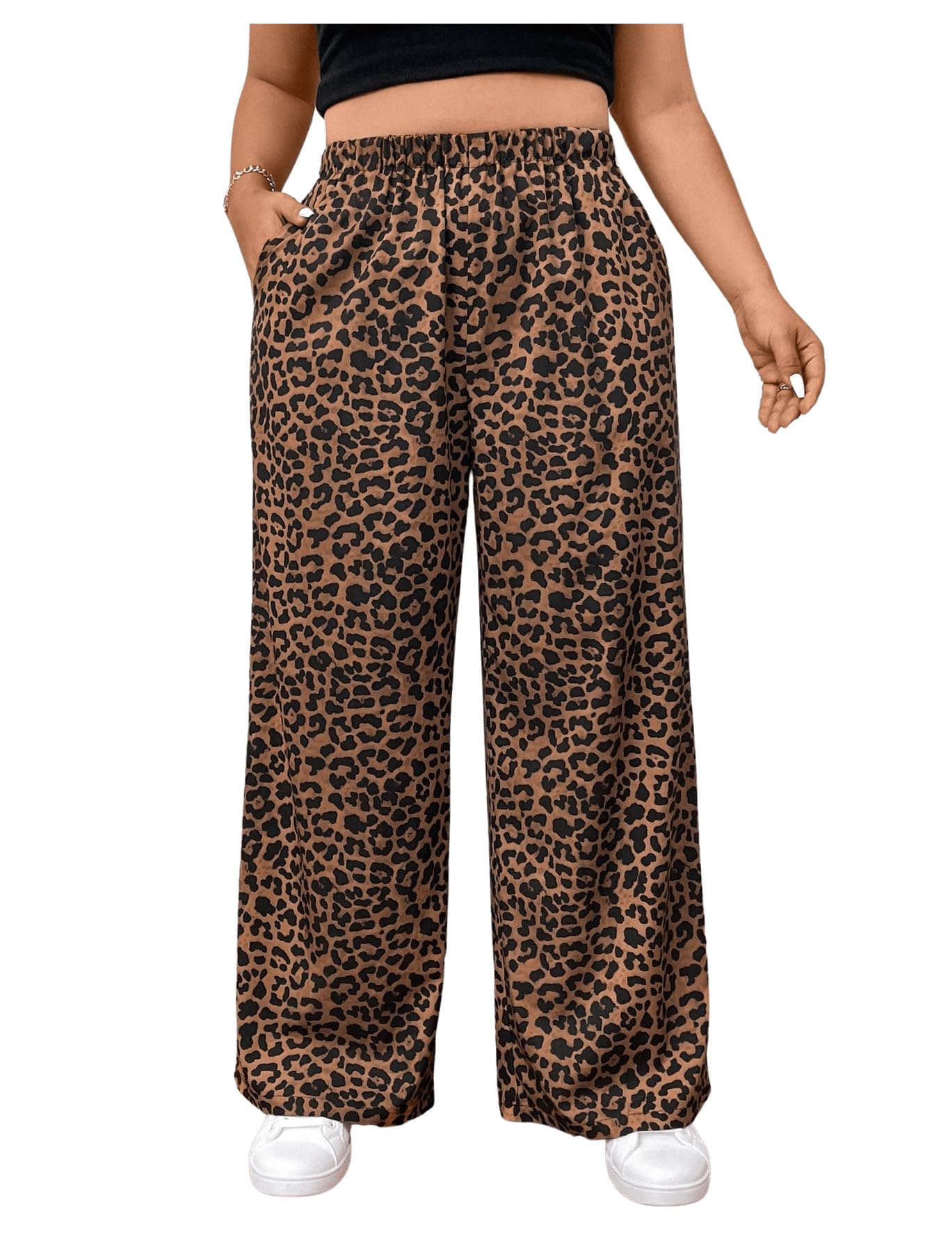 OYOANGLE Womens Plus Size Leopard Print Wide Leg Pants Elastic High Waisted Casual Trousers with Pockets