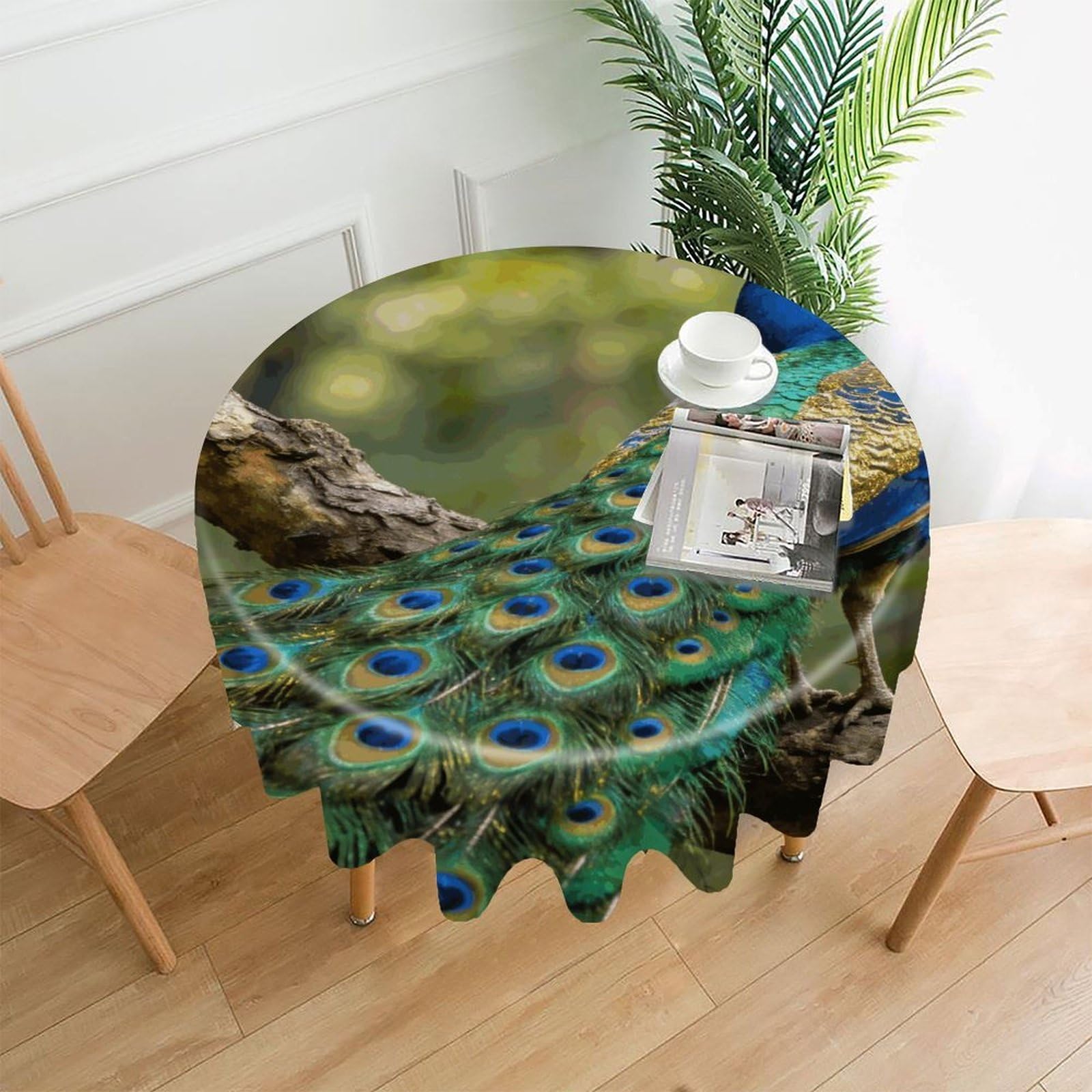 LZQPOEAS Colorful Peacock on A Tree Branch Tablecloth Easy to Clean Polyester Round Table Cover Washable Round Table Cloth Wrinkle-Free Circle Decoration Tablecloth for Kitchen and Dining Room 60"