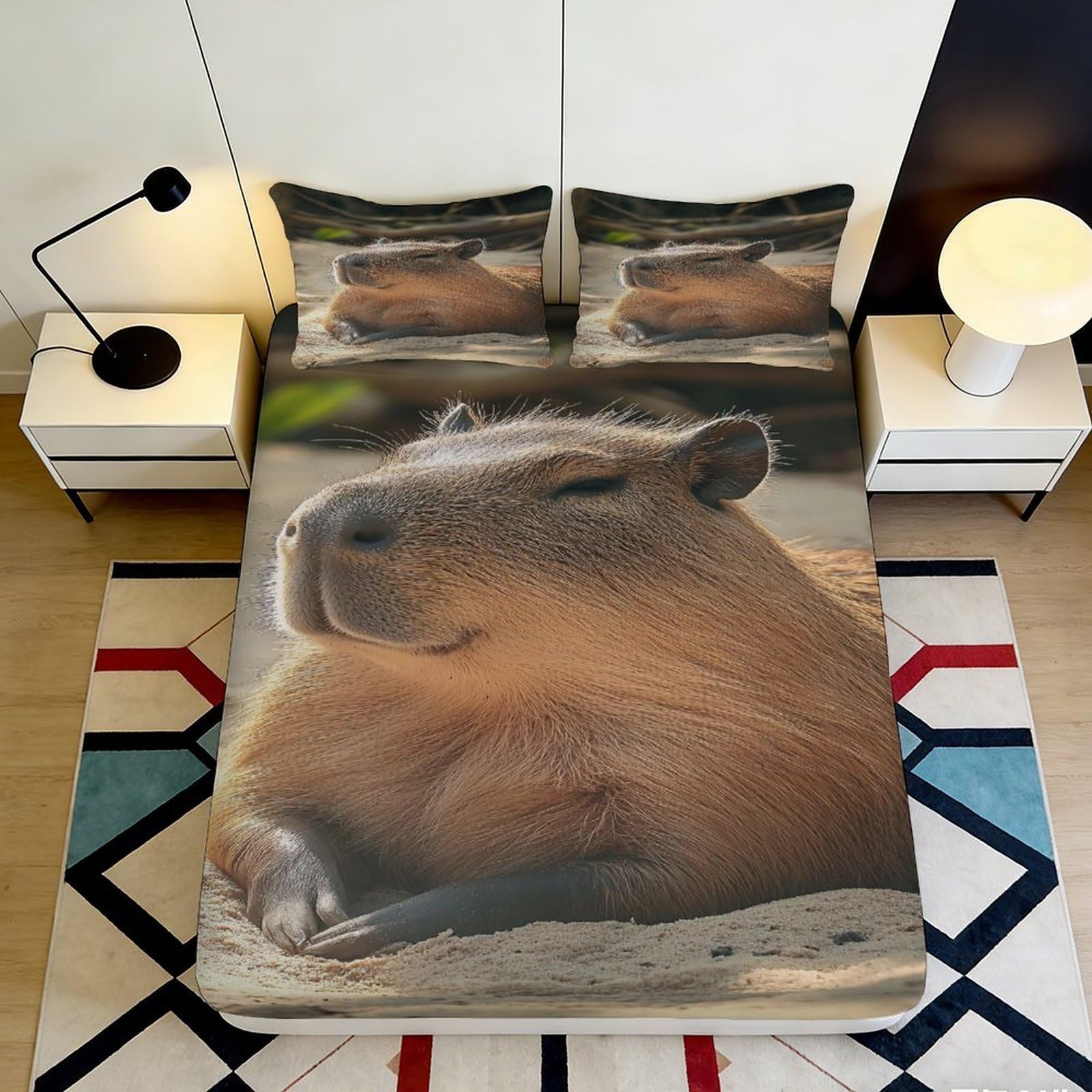 3D Printed Capybara Animal Fitted Sheet Microfiber Soft Cute Rodent Mattress Cover for Bedroom Dorm Decor Protection 90x200x25cm