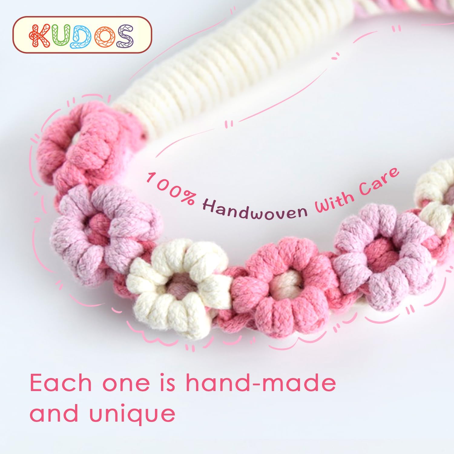 Handmade Braided Cotton Dog Leash – 5ft Durable and Stylish Leash with Unique Floral Handle, Ideal for Small to Large Dogs, Pink Color