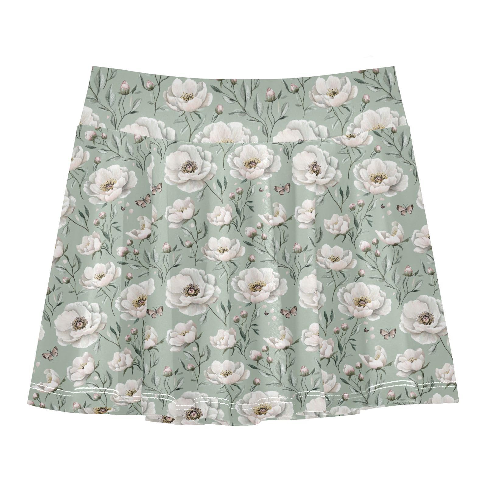 JUNZAN Peonies Sage Green Girls Tennis Skirts with Shorts Kids Pleated Skort with Pockets Flowy Little Girl Active Skort