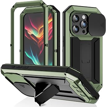 Metal Heavy Duty Phone Case Compatible with iPhone 15 Plus with Kickstand Built-in Gorilla Glass Lens Slide Camera Cover Sturdy Military Durable Dustproof Aluminum Screws Cover for Man Green Black