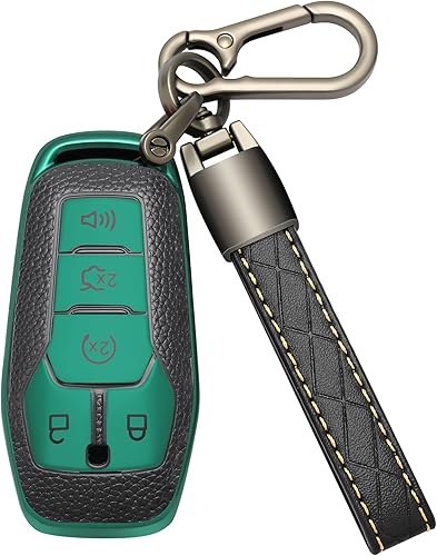 COTIYBOK Funda para llavero Ford con llavero de cuero TPU para llave de automóvil, protección de 360 grados para Ford Mustang Fusion F150 Explorer
