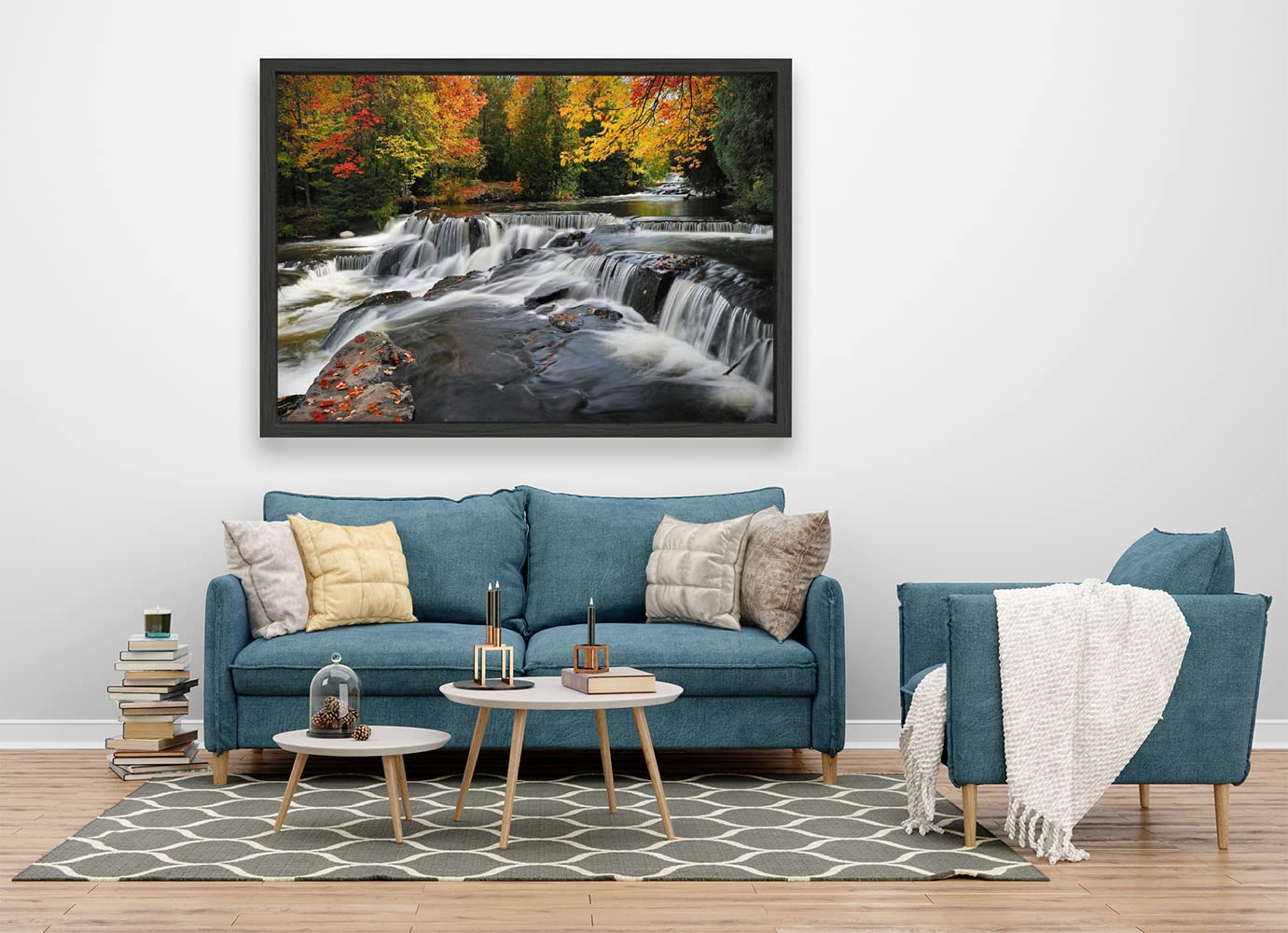 VERRE ART Black Floater Framed Canvas - Wall Decor for Living Room, Bedroom, Office, Hotels, Drawing Room (60in X45in) - Upper Peninsula Waterfalls View