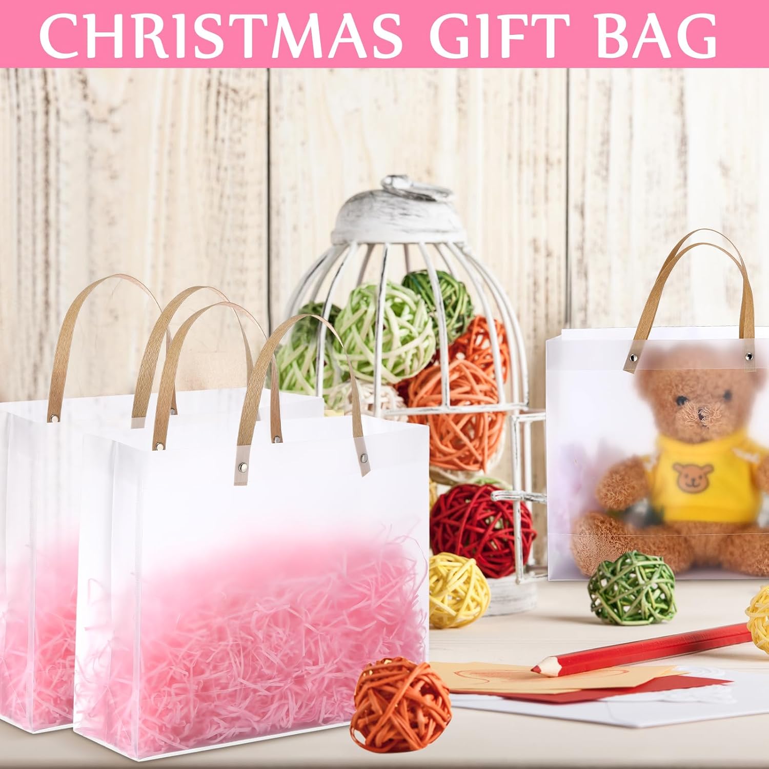 Paterr 20 Pcs Large Clear Gift Bags with Handles 11.8 x 9.8 x 4 Inch Transparent Plastic Party Favor Bags Reusable Frosted Tote Gift Wrap Bulk for Shopping Boutique Wedding Birthday Christmas - Image 5