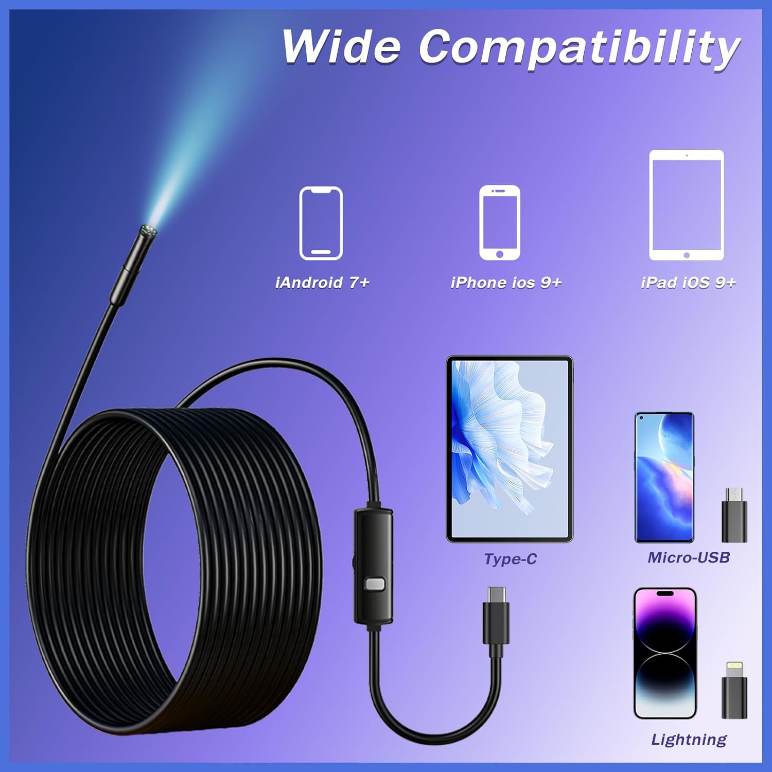 Industrial Endoscope Camera, 1920P HD Borescope with 8 Adjustable LED Lights, IP67 Waterproof Semi-Rigid Cable, for Car Repair, Pipe Inspection, Home Appliance Maintenance, iOS & Android