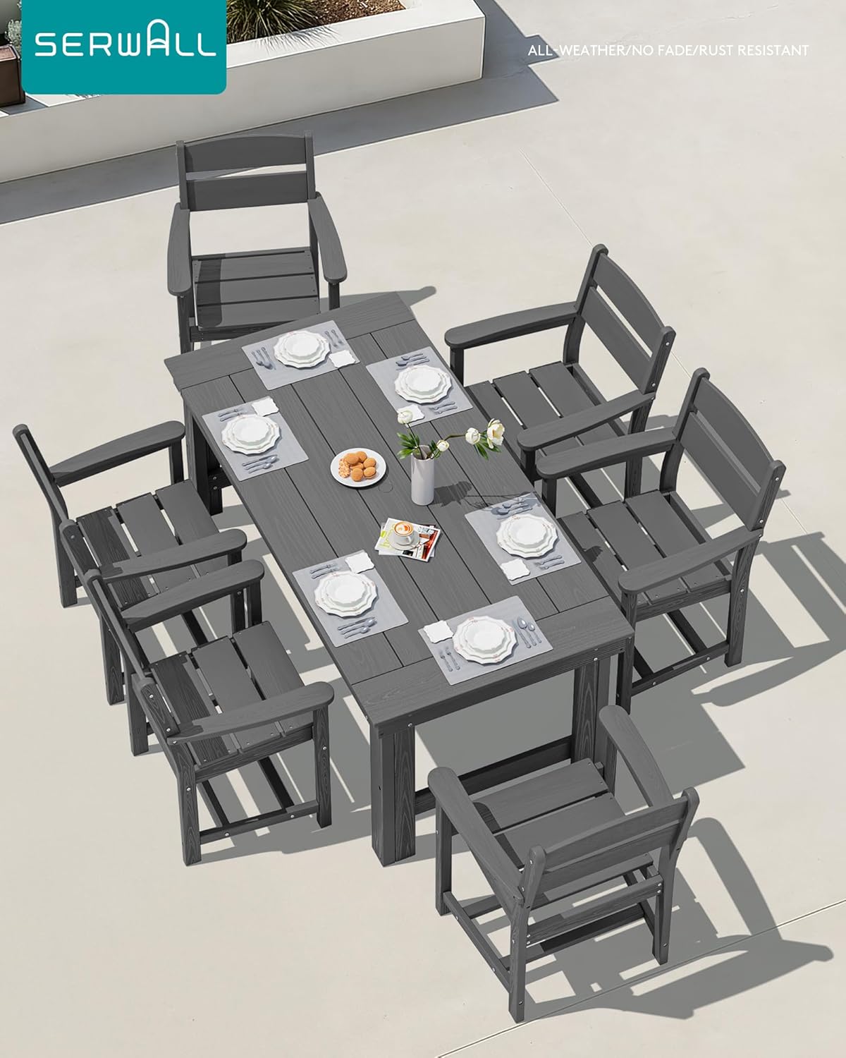 SERWALL Outdoor Dining Table Set, 67‘’ HDPE Patio Dining Set for 4, All-Weather Outdoor Table and Chairs Set for Deck, Grey
