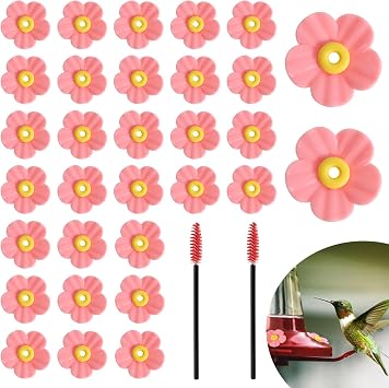 30 Pieces Hummingbird Feeders Replacement Flowers and 2 Cleaning Brushes, Feeding Ports Replacement Bird Feeder Replacement Parts for Hanging Feeding Hummingbird OutdoorsPink