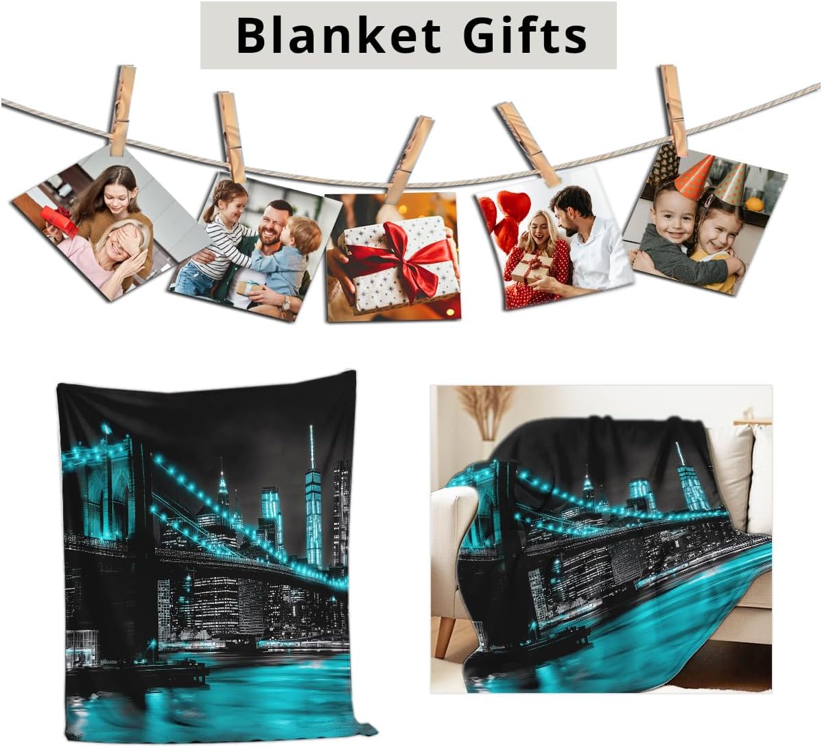 New York City Building Blanket for Bed Couch Cityscape Blanket Throw Black White Teal Decor Flannel Prints Bedding Home Decor (49"x59")