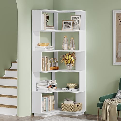 Miniatura 4 de LITTLE TREE Estantería esquinera de 64.9 pulgadas de alto con panel anticaída, moderno estante de esquina independiente organizador de