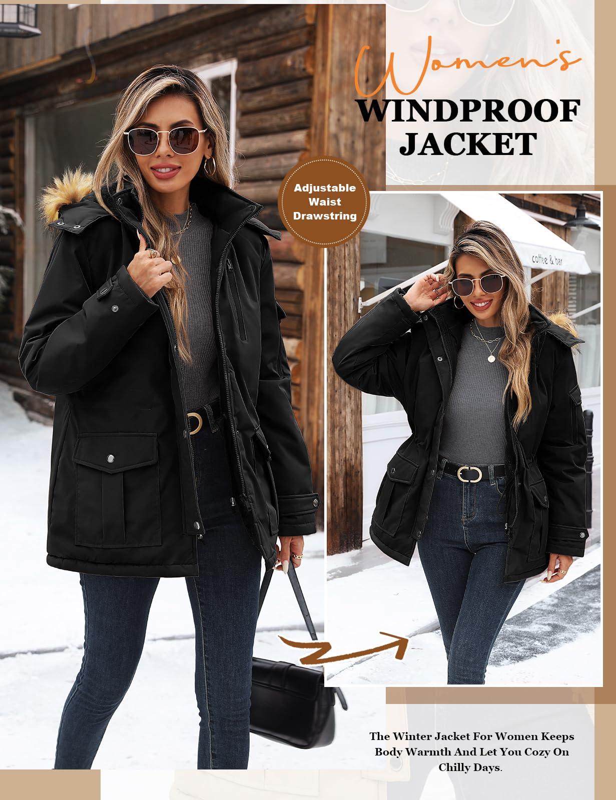 heekpek Abrigo Mujer Invierno Parka Impermeable Cortaviento Abrigo de Invierno Cálido Chaqueta Larga Mujer con Capucha Desmontable y Múltiples Bolsillos