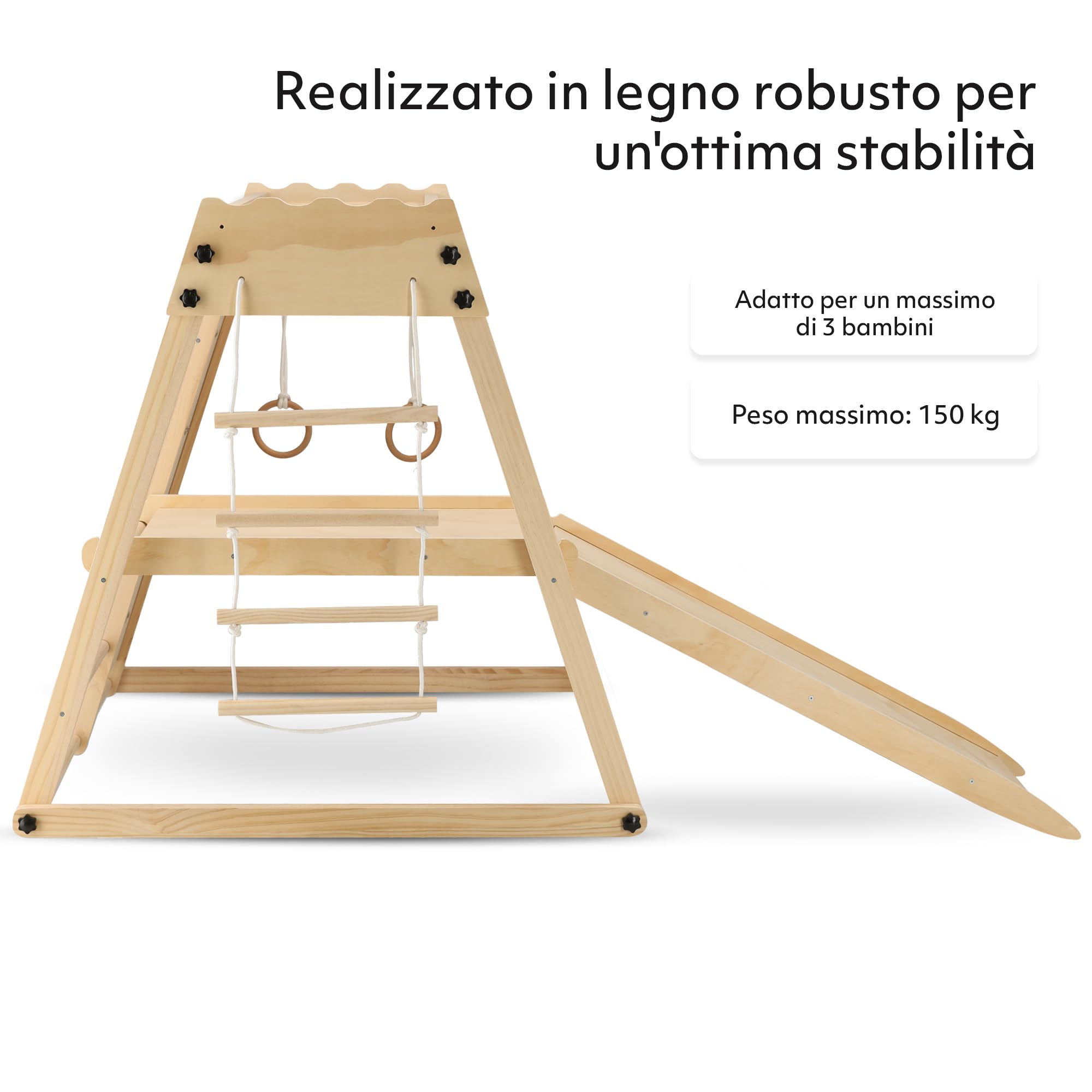 Deryan Lussuosa struttura per arrampicata in legno: dispositivo da gioco pieghevole per interni con scivolo in legno, parete da arrampicata, anelli da ginnastica, scala e rete da arrampicata.