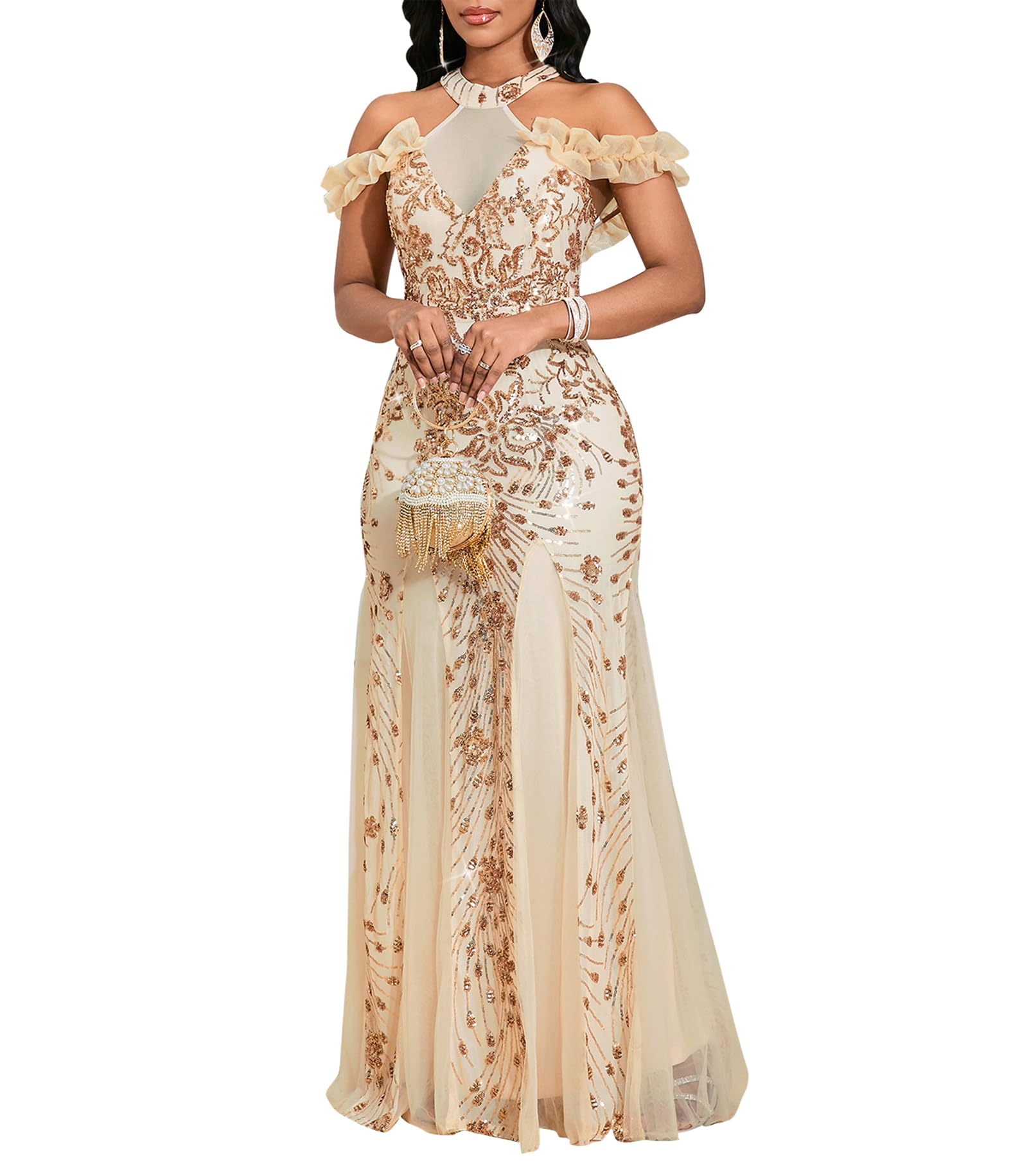 Cololura Women Sequin Halter Mesh Bodycon Formal Maxi Dress Evening Gown