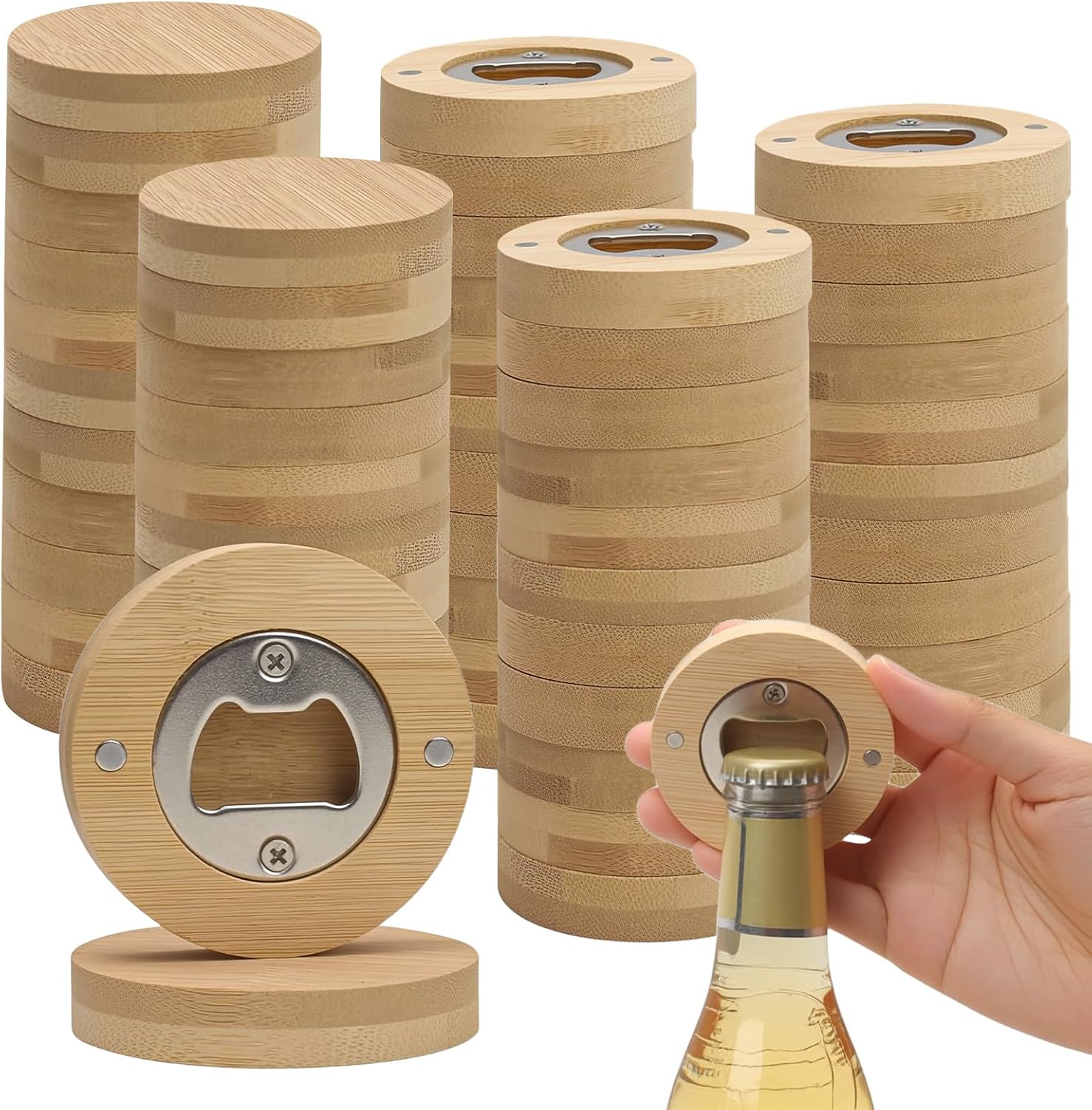 Magnetic Bamboo Bottle Opener 55 Pcs, 2.5 Inch Wooden Bulk Beer Opener