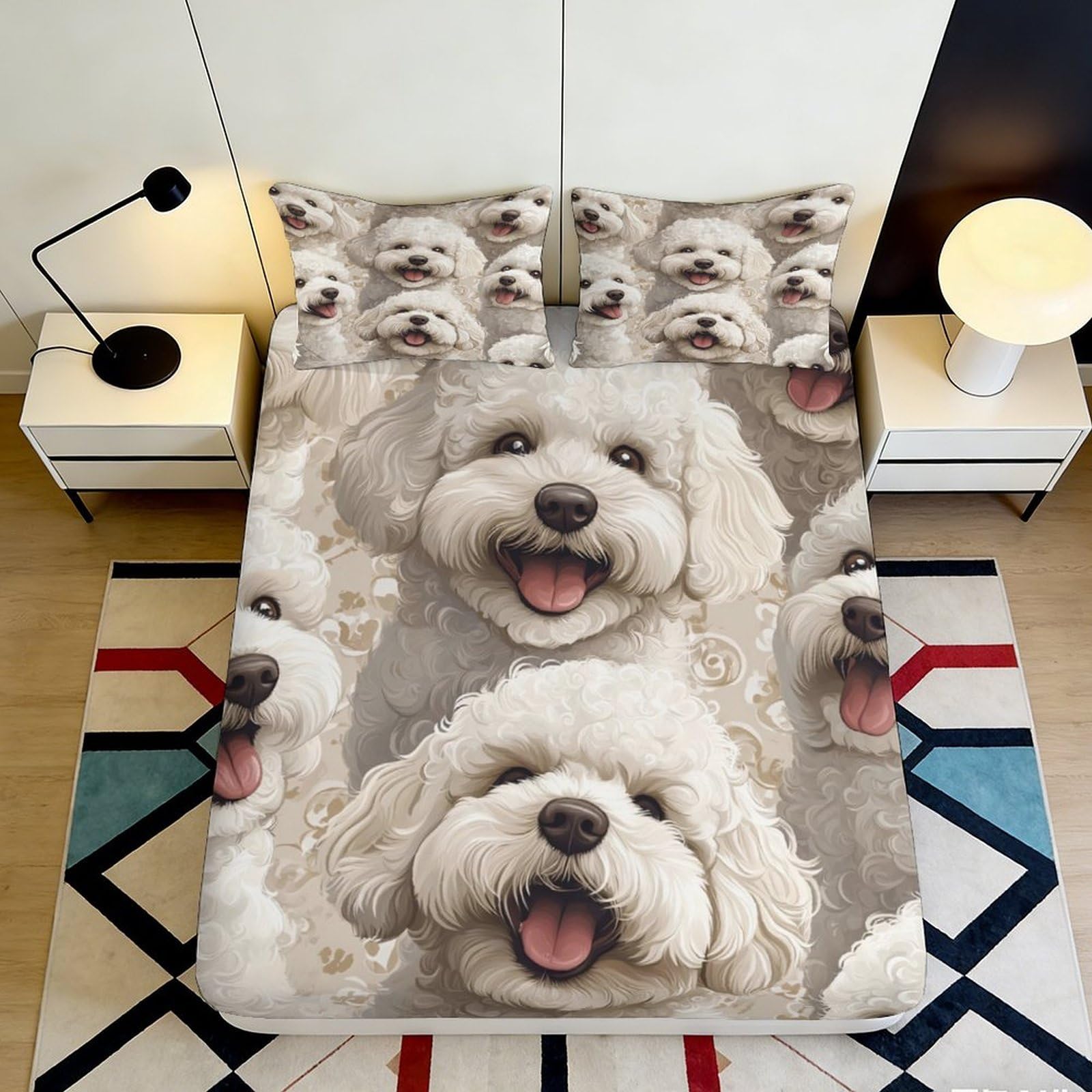 Uxinyoume Style-10 3D Printed Fluffy White Dog Fitted Sheet Microfiber Soft Anti-Slip Bed Cover For Bedroom Dorm Mattress Decor 90X200x25cm