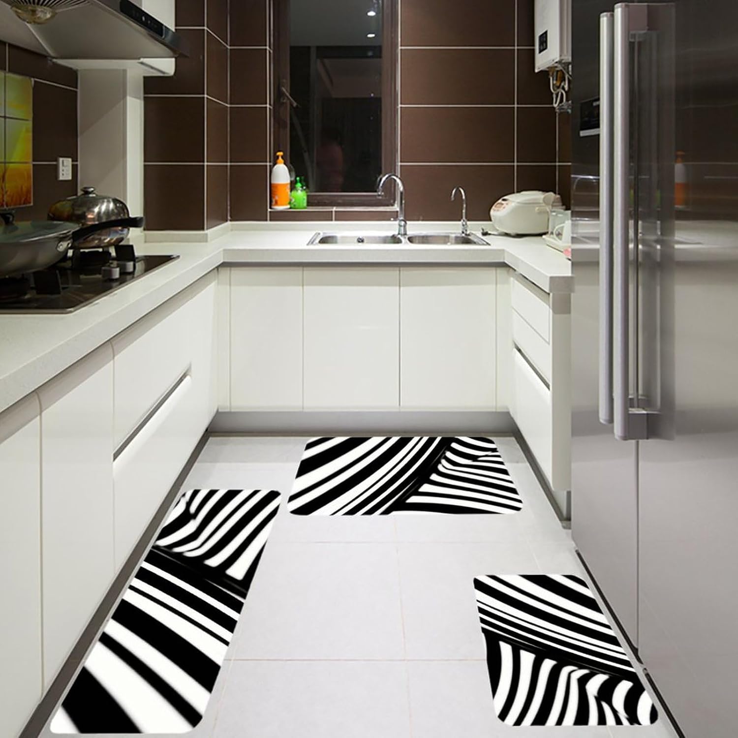 Black and White Lines Kitchen Mats for Floor 3 Pcs Kitchen Rugs