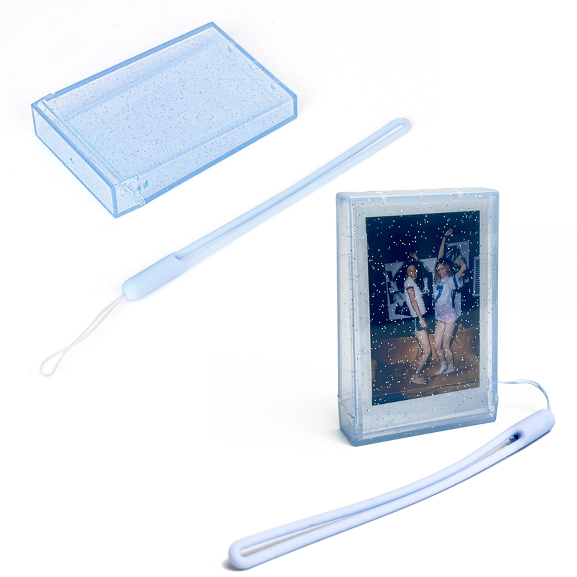 Linpr 2 Set Travel Photo Holder for Fujifilm Instax Mini 7+/8/9/11/12/40/90/EVO, 3 inch Photo Storage Case, Camera Clear Photo Protective Box with Wrist Lanyard, Postcard Display Frame (Blue glitter)
