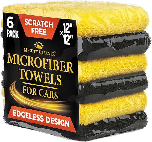 Professional Microfiber Towels for Cars – 6 Pack – [12 in x 12 in] – Scratch-Free – Reusable Edgeless Car Wash Towel