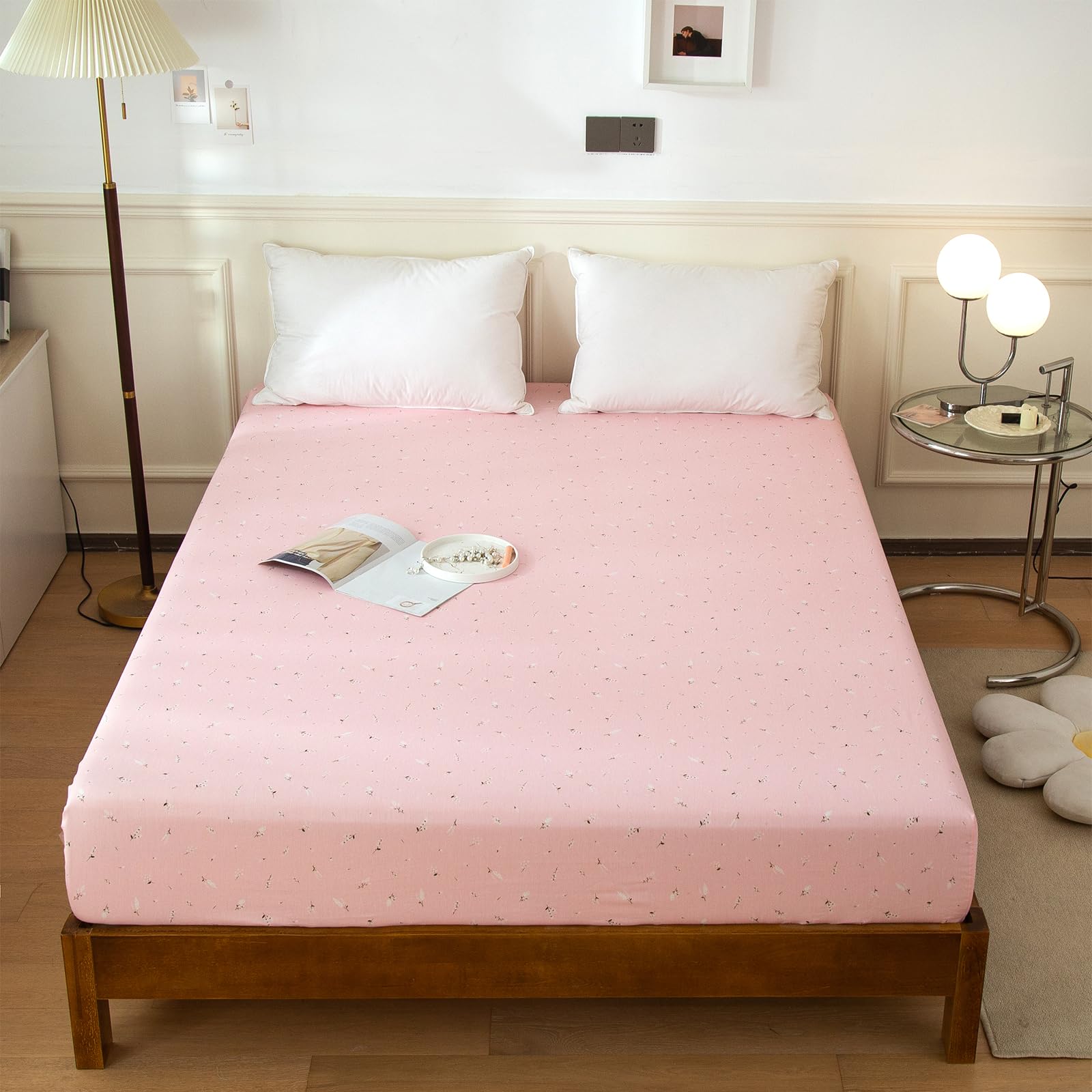 EAVD Chic Garden Floral Fitted Sheet Queen Soft 100% Cotton Bed Sheet Floral Bedding Fitted Sheet with Deep Pocket 1 Piece Pink Fitted Sheet Only