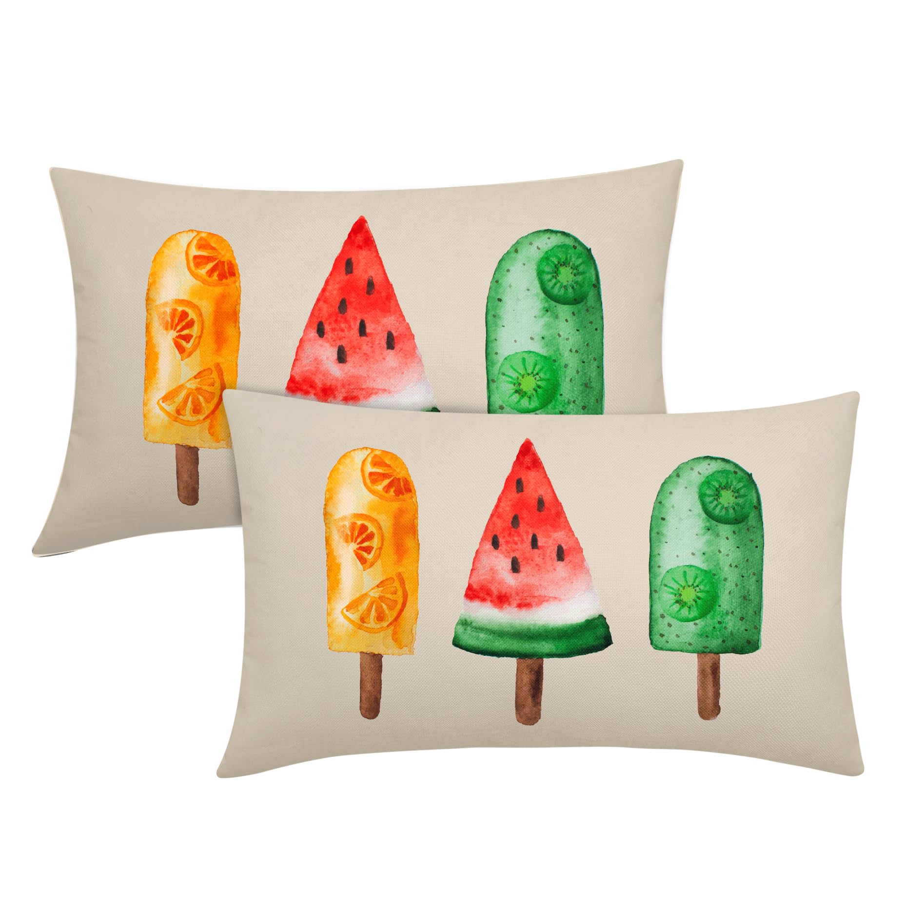 Summer Ice Cream Popsicle Lumbar Pillow Covers 12X20 Inch Watercolor Orange Watermelon Kiwi Fruits Decorative Pillow Cases Set of 2 Seasonal Throw Pillows Farmhouse Home Decor for Sofa Couch Outdoor