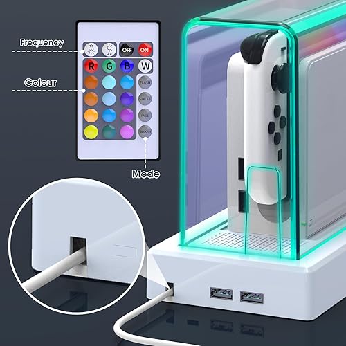 Miniatura 8 de Mooroer Dust Cover with 16 LED Colors Light Base for Nintendo SwitchOLED, Acrylic Clear Display Box Anti-Scratch Waterproof Slim Dock Case, Cool