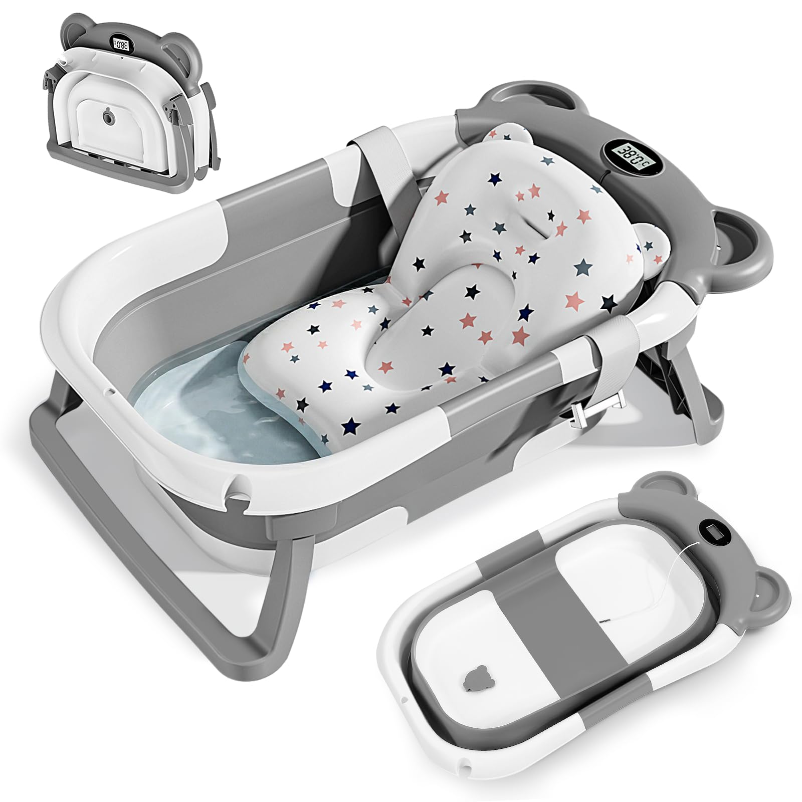 Vaschetta Bagnetto Neonato, Vaschetta per il Bagnetto Pieghevole con Cuscino da Bagno Antiscivolo, Con Termometro Integrato per Neonati da 0 a 36 Mesi (Grigio)
