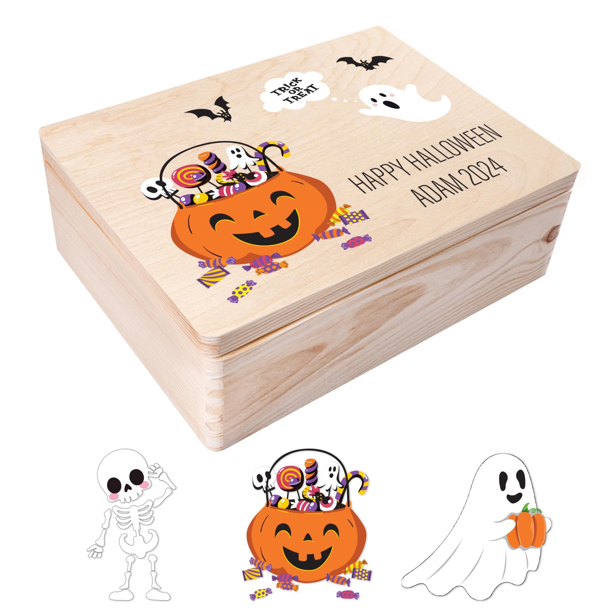 Creative Deco Personalised Halloween Wooden Box | Any Text Gift for Girls Boys Crafts | Customised Party Storage Box for Costumes, Sweets, Treat Bags, Accessories | Outdoor Indoor Decoration โ image 1