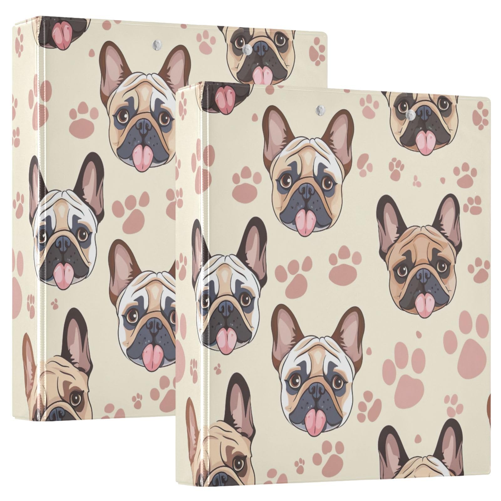 Raccoglitore a 3 anelli a D con stampe di bulldog francese, 3,8 cm, con 3 raccoglitori per scuola, università, ufficio (confezione da 2)