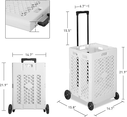 Miniatura 2 de 3 cajas plegables con ruedas, cesta plegable resistente con mango telescópico, carrito rodante de capacidad de 66 libras para lavandería, blanco,