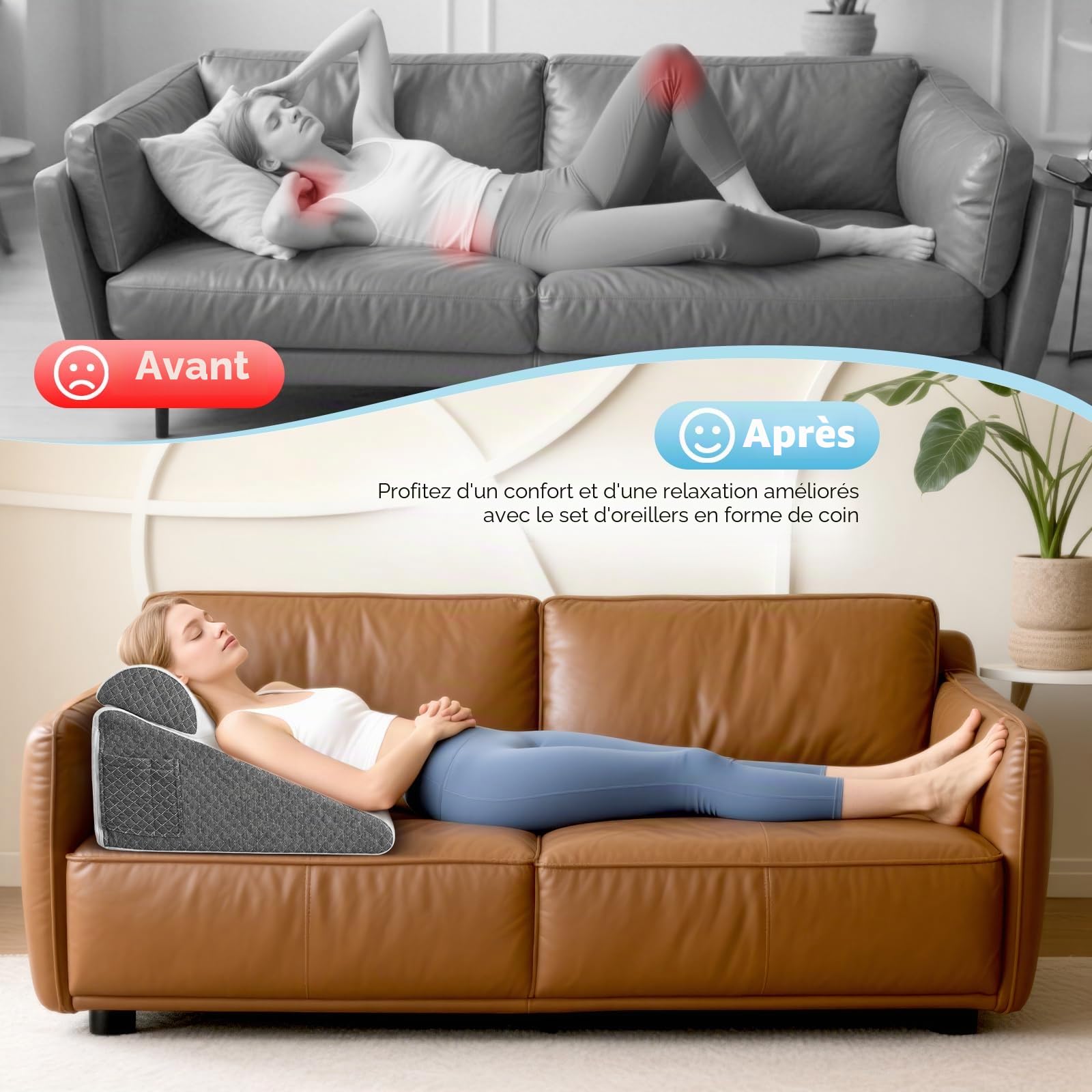 Coussin Triangulaire 8-en-1 Réglable, Plan Incliné Bébé, Oreiller Anti-reflux et Apnée du Sommeil, Coussin de Lecture pour Lit et Canapé, Soutien Lombaire et Jambes, Mousse à Mémoire de Forme 25D